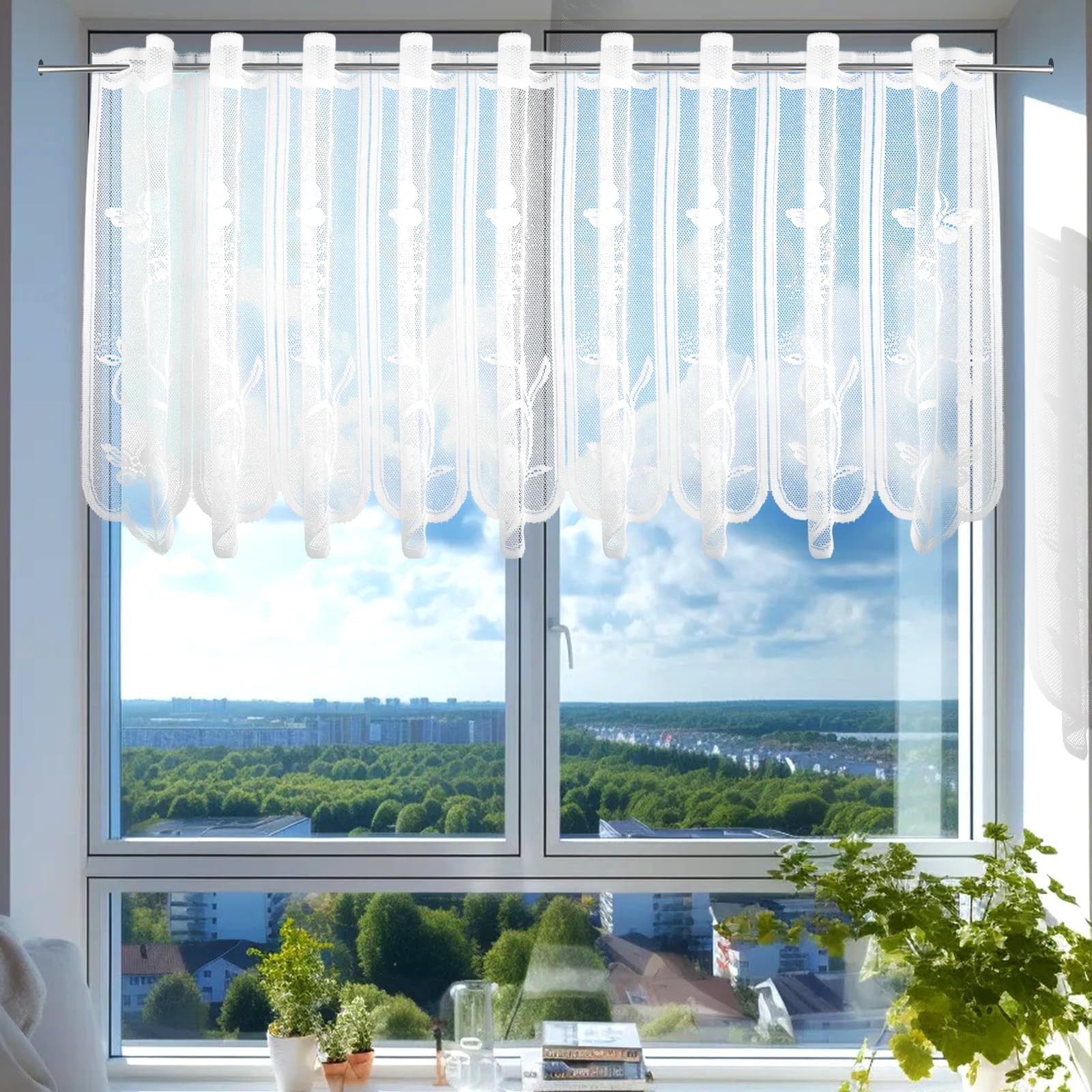 TESSTSY Kitchen Curtains for Windows,White Short Drop Lace Cafe Curtains