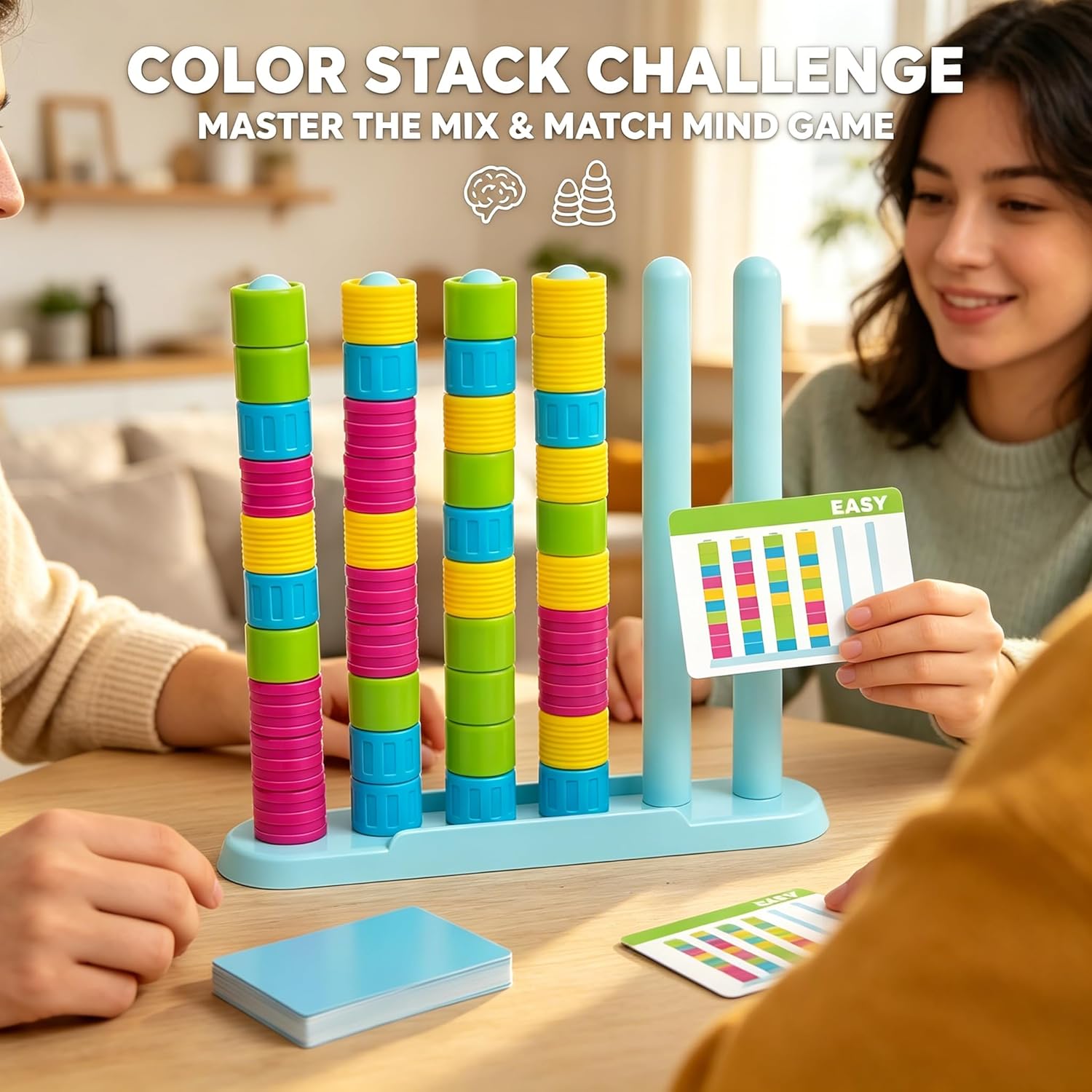 Giant Color Matching Challenge Game – Fast Pattern Ring Stacking Puzzle with 50 Cards, Hand-Eye Coordination Training for Summer Parties & Family Game Night for 2-4 Players