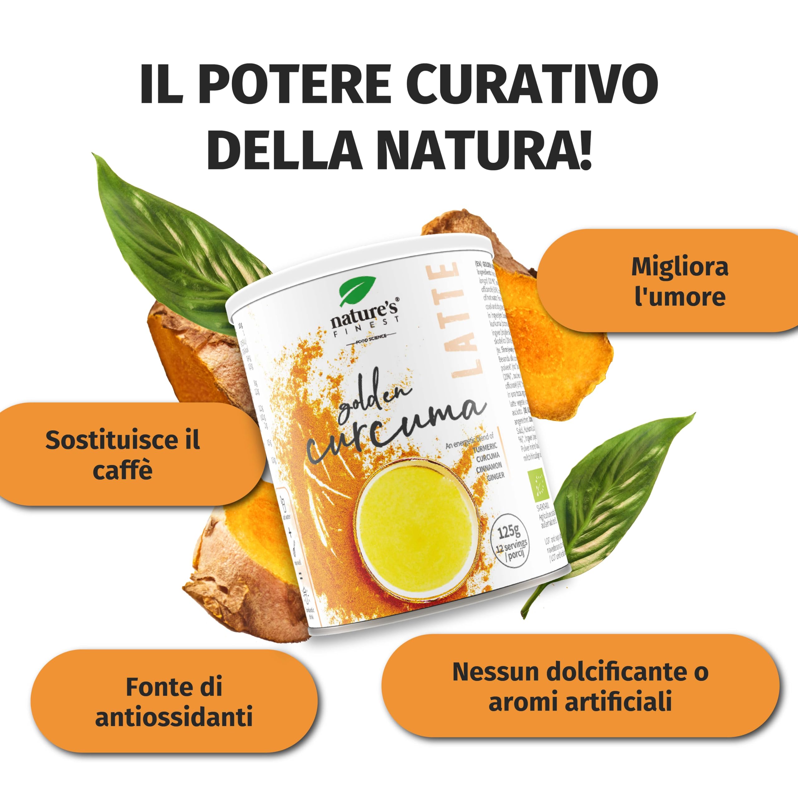 Nature's Finest Golden Curcuma Latte 125 g (Confezione da 3) | Miscela Istantanea per Bevanda al Latte - Pronta in un Minuto - Biologico - Vegano - Senza Lattosio