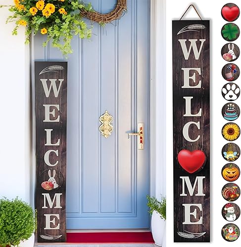 Letrero de bienvenida alto resistente al viento para puerta delantera, porche, pie, 12 letreros de temporada intercambiables para vacaciones y