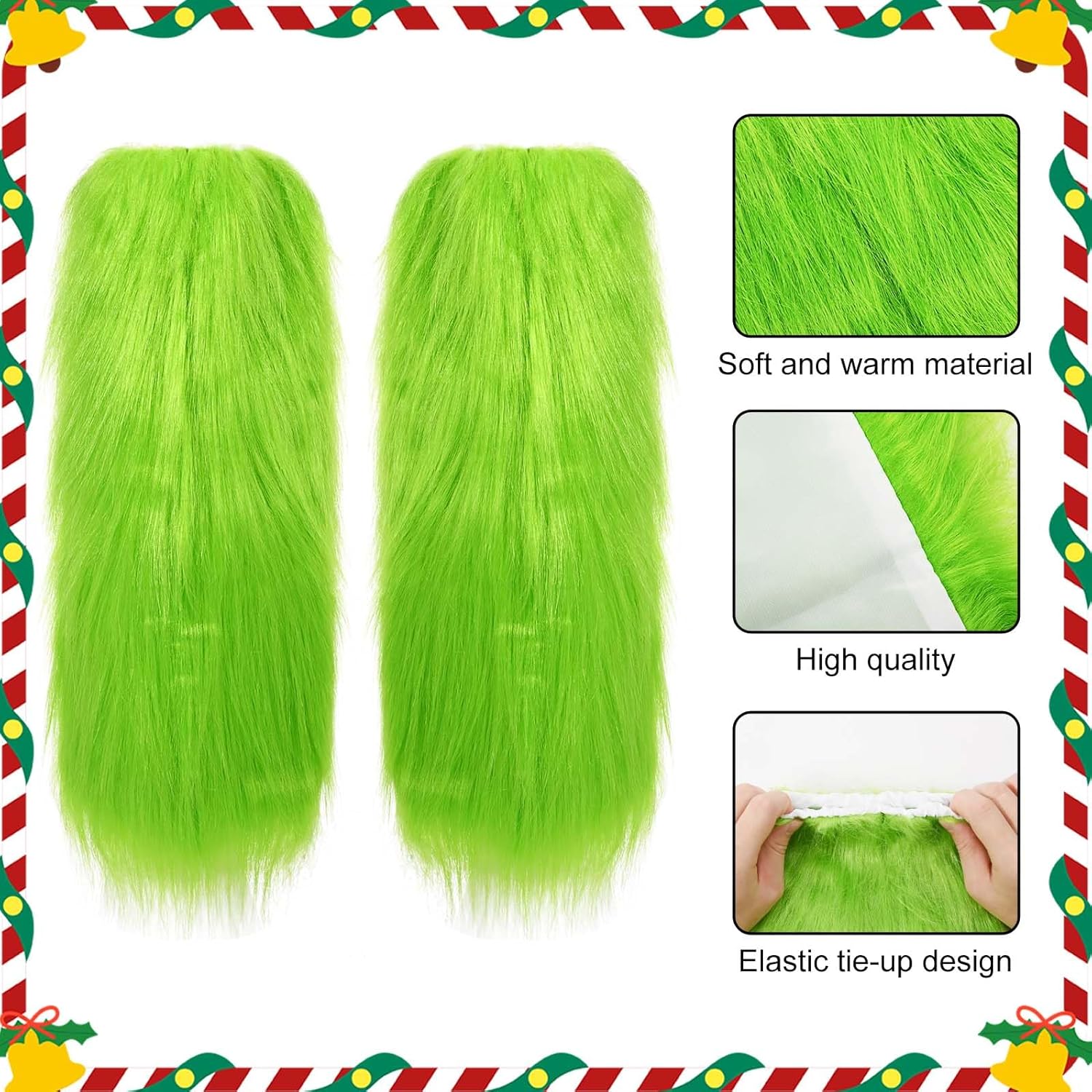 4 Pcs Christmas Green Monster Santa Costume with Christmas Hat Fuzzy Faux Leg Hand Gloves Furry Hair Bow for Winter Holiday Xmas Dressing Props - Image 4