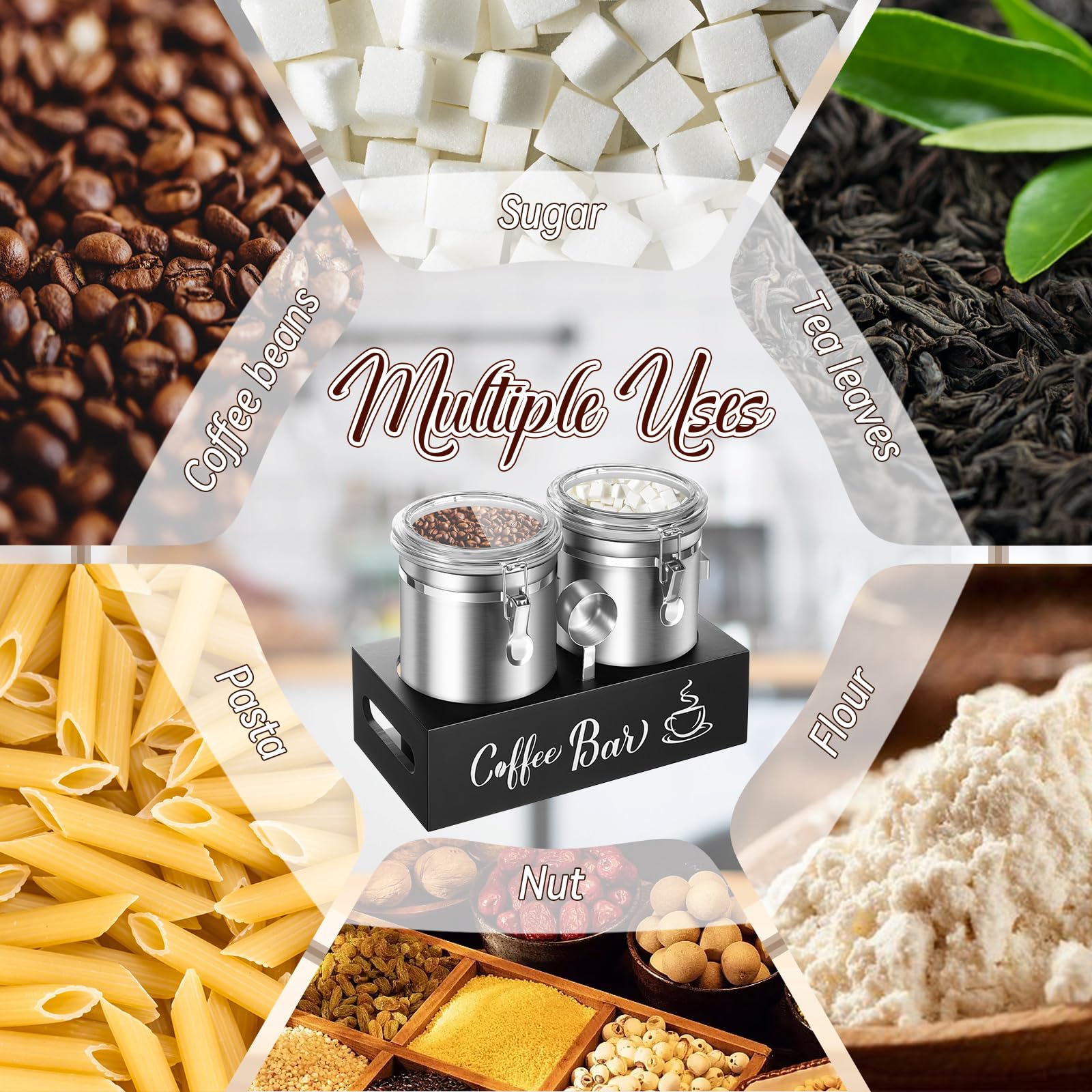 Maxcheck Kaffeedosen mit Ablage, 304 Edelstahl, Kaffeestation, Behälter für gemahlene Kaffeebohnen, mit luftdichter Verschlussklemme und Schaufel, Küchen-Lebensmittel-Vorratsdosen (Silber), 2 Stück