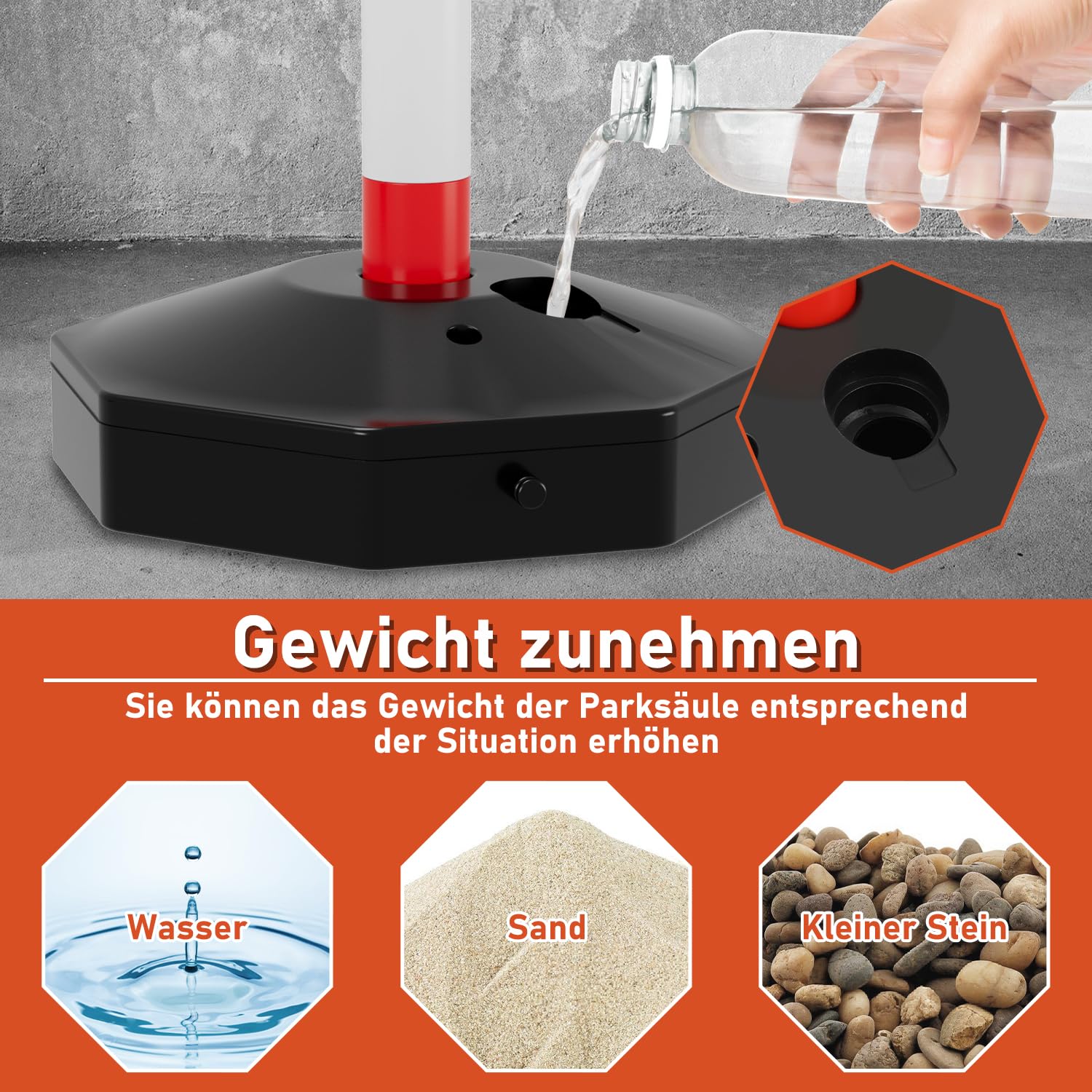 Eulenke 2 Set（4 Stück） Absperrpfosten 85 * 28.5 * 28.5 cm, Sperrpfosten mit Kunststoffketten(140cm), Befüllbarer Boden, Geeignet für Parkplätze, Straßenwartungsabschnitte usw, rot-weiß