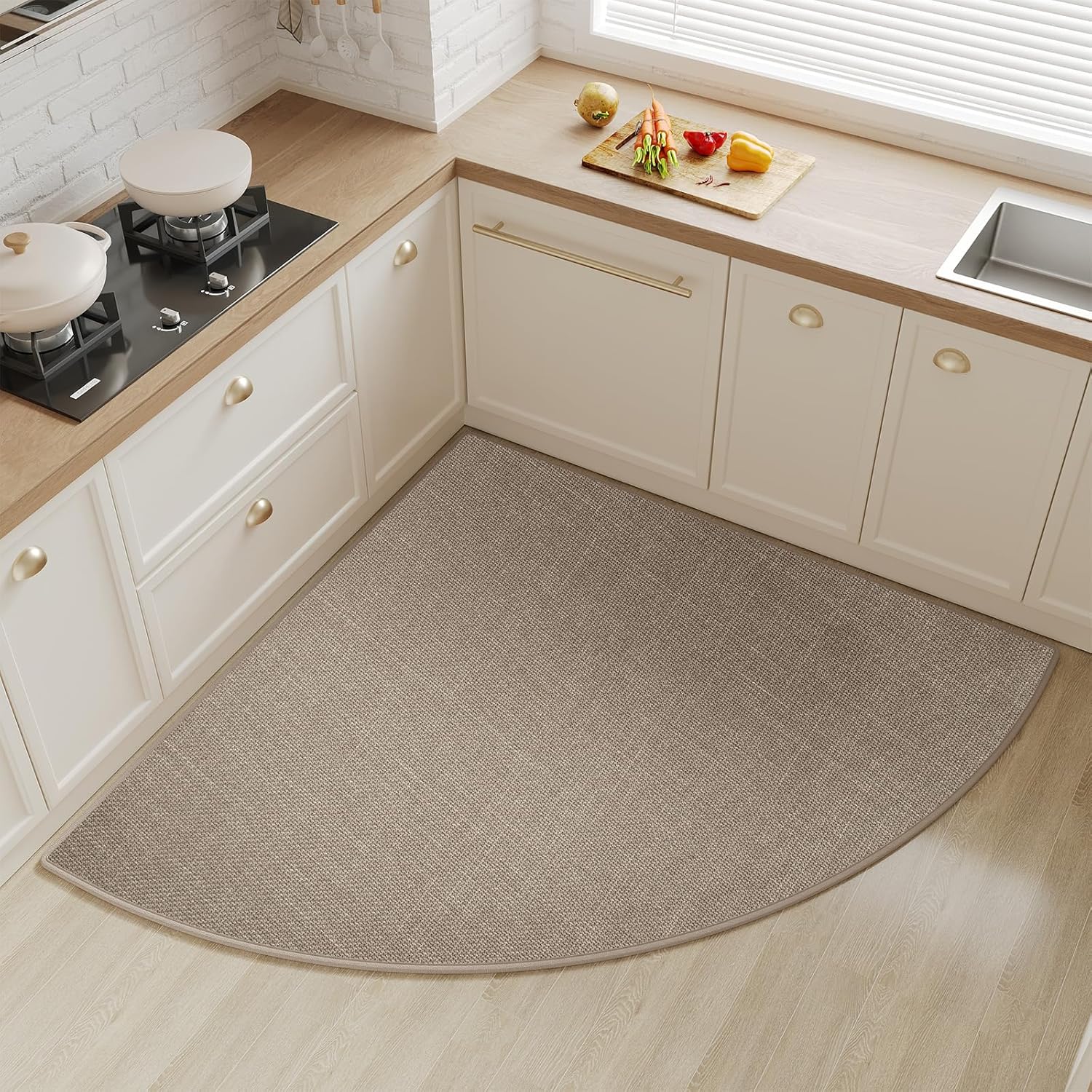 Corner Kitchen Rugs Non Slip Washable, Rubber Backed Circular Sector Kitchen Mats for Floor, Super Absorbent Imitation Linen Braided Kitchen Floor Mat for Sink Corner Areas (Brown, Radius 39") Radius 39" A- Brown( Narrow Edges)