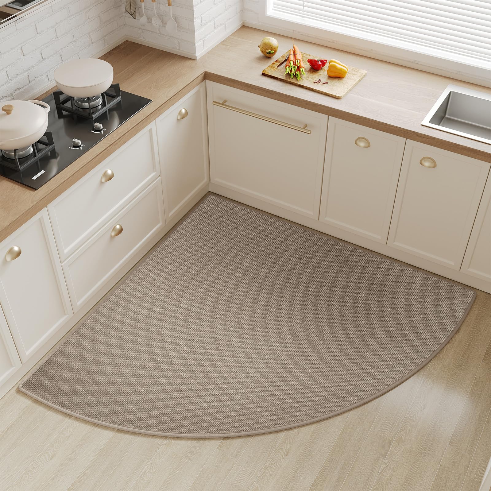 YDKGL Corner Kitchen Mats for Floor Non Slip Washable, Rubber Backed Circular Sector Kitchen Rugs, Super Absorbent Imitation Linen Braided Kitchen