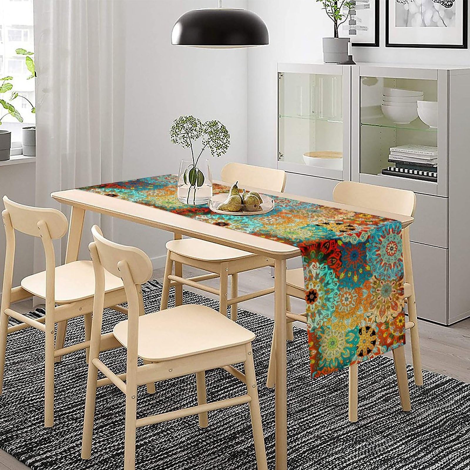 Bohemian Flower Table Runner – 13x36 Inch Boho Abstract Mandala Art For Tables