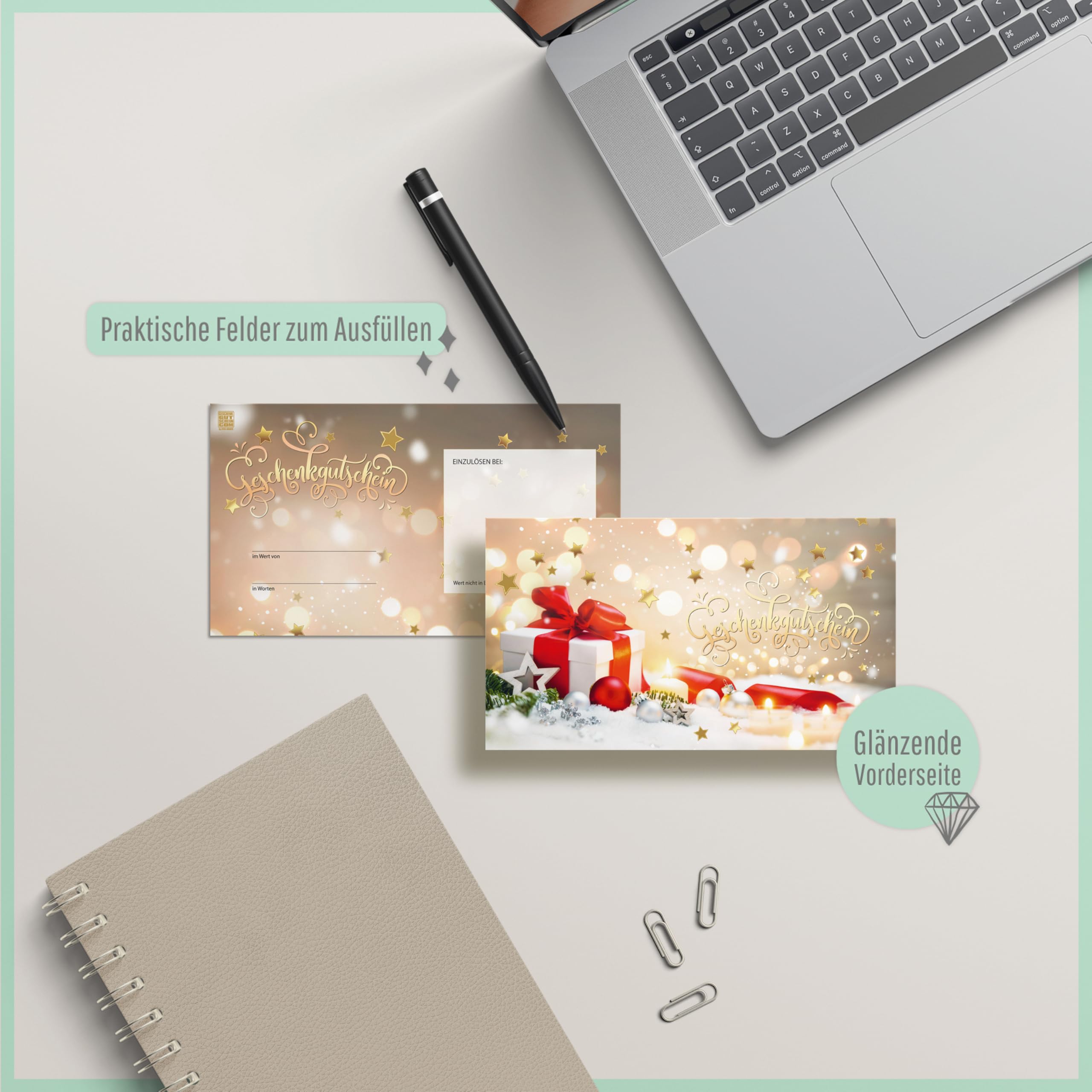 GESCHENKGUTSCHEINcom - 50 Formulare zum Erstellen eigener Gutscheine mit Kuvert/Schleife für Weihnachten. Weihnachtsgutscheine X120042-50-V2