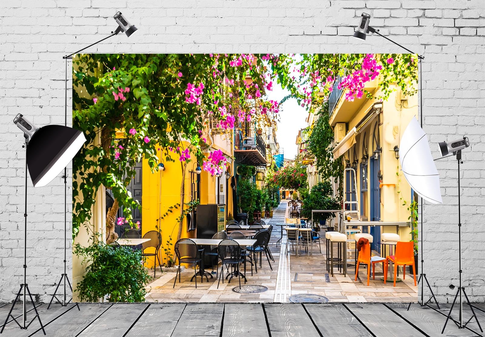 BELECO 8x6ft Fabric Greece Street Backdrop Vintage Street Cafe Restaurant Tavern, Spring Blooming Flowers Scenery, Greek Background Greece Theme Party