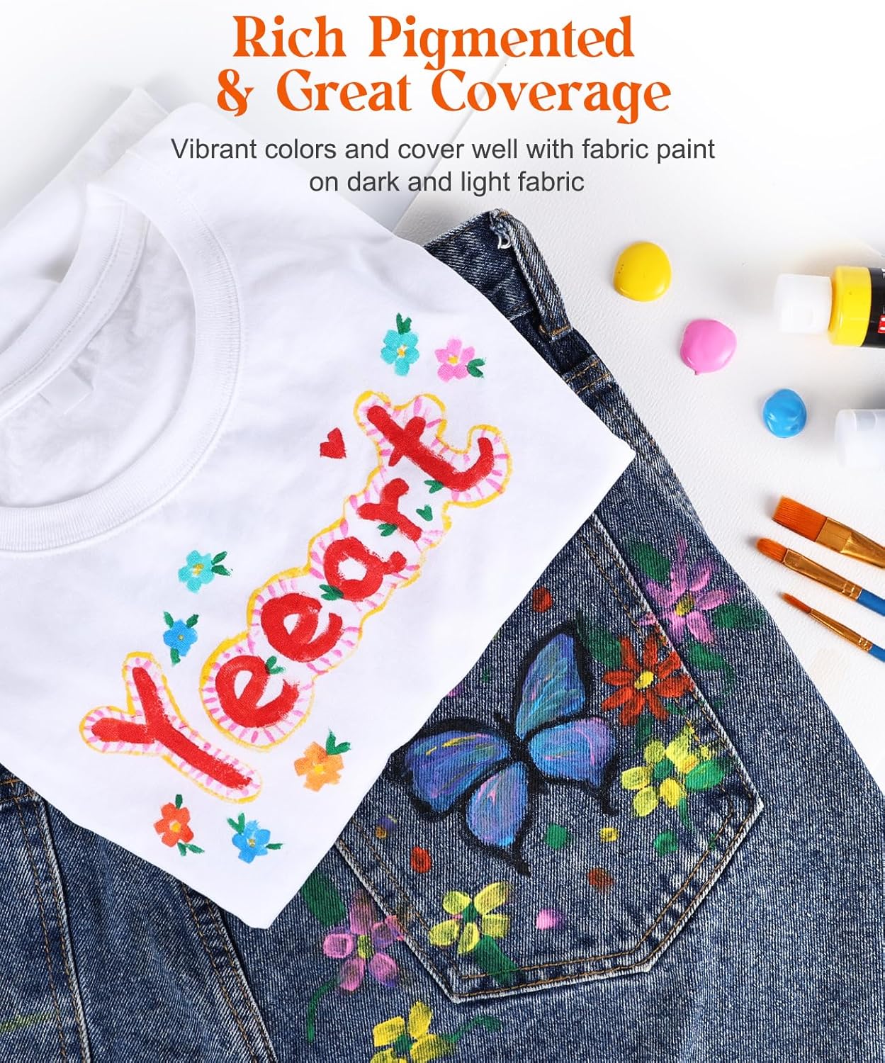 Fabric Paint, Yeeart 20 Colors Permanent Soft Fabric Paint Set for Clothes in Bottles (60ml/2oz) with 10 Brushes, Palette, Non-Toxic Textile Paint Art Supplies for Clothes, Canvas, T-Shirts, Jeans, Bags & Art Crafts