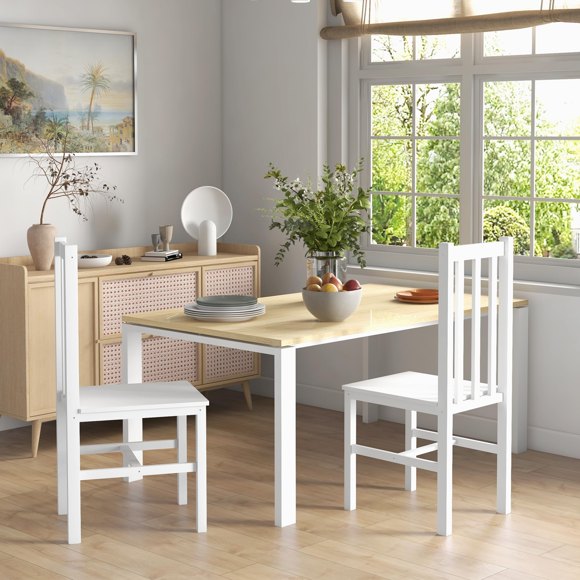 HOMCOM Juego de 2 Sillas de Comedor de Madera de Pino Blanco