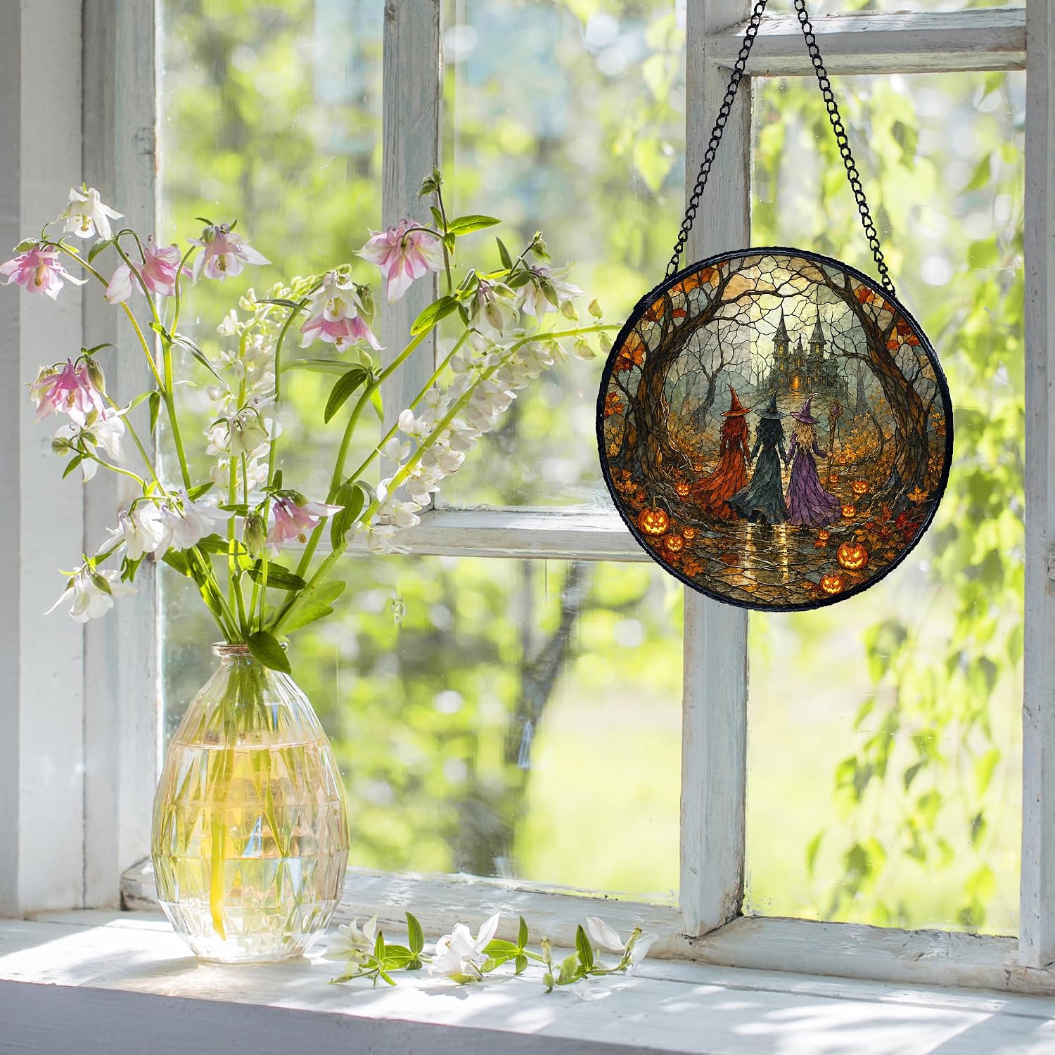 Fall Halloween Three Witches Stained Glass Suncatchers Wall Decor