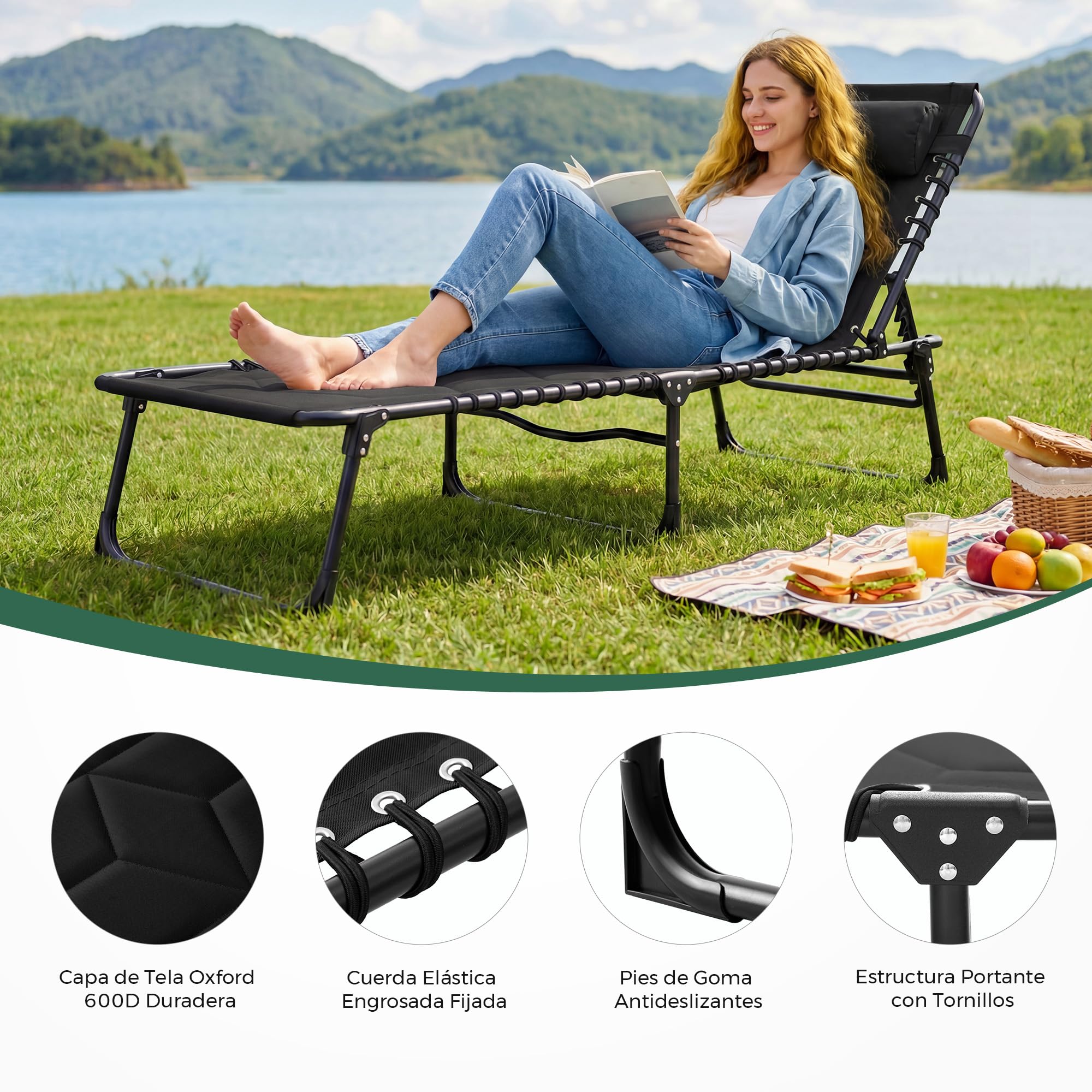 Palawano Tumbona Plegable con Respaldo Ajustable 5 Posiciones, Cama de Camping con Cojín, Tumbona Exterior Portátil para Jardín, Playa, Piscina, Balcón e Interior (Negro)