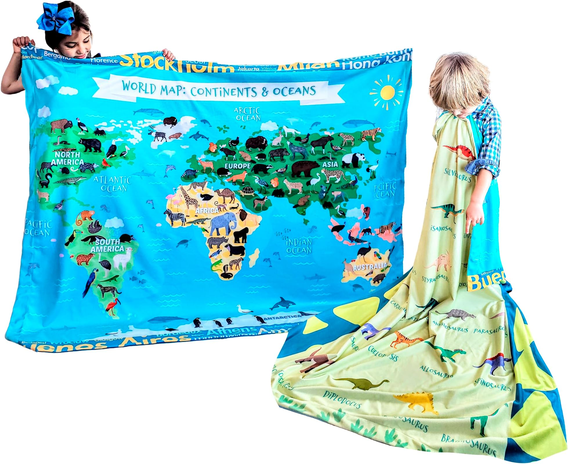 Birdy Boutique – Learning Blanket® – Double-Sided Dinosaur MapBlanket for Kids – Throw 50" x 60" – Soft Minky Plush Educational Blanket for Kids – Prehistoric Species & World Map
