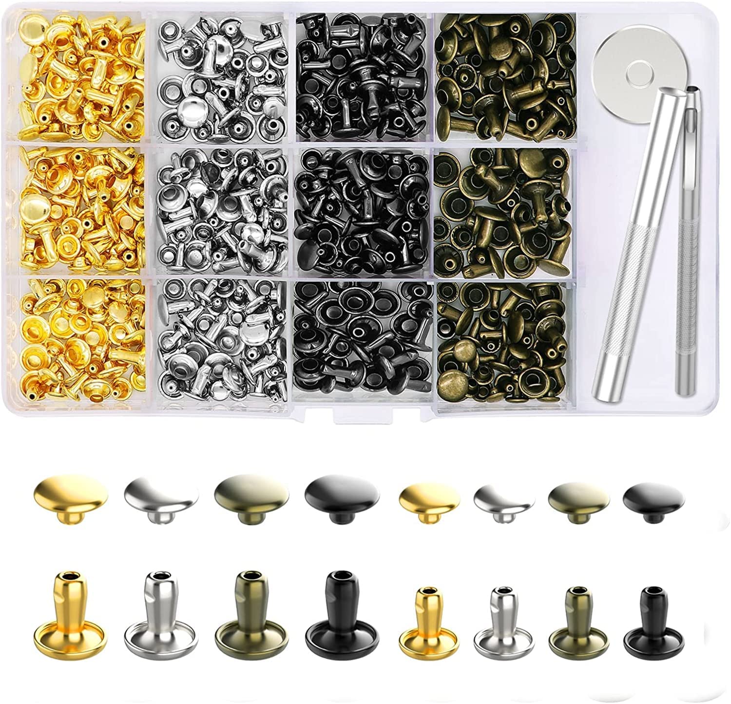 240 Sets Leather Rivets, Double Cap Rivet Tubular 4 Colors 2 Sizes Metal Studs with Fixing Tools for DIY Leather Craft/Clothes/Shoes/Bags/Belts Repair Decoration