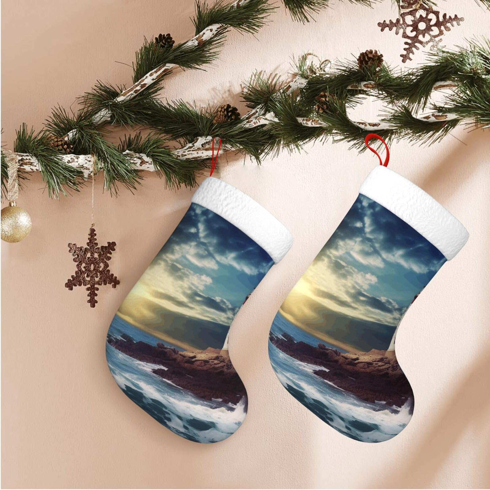 Lighthouse Seaside Christmas Stockings Velvet Xmas Fireplace Hanging Stocking with Plush Cuff Rustic Christmas Santa Stockings for Home Christmas Decorations Party Favor Supplies