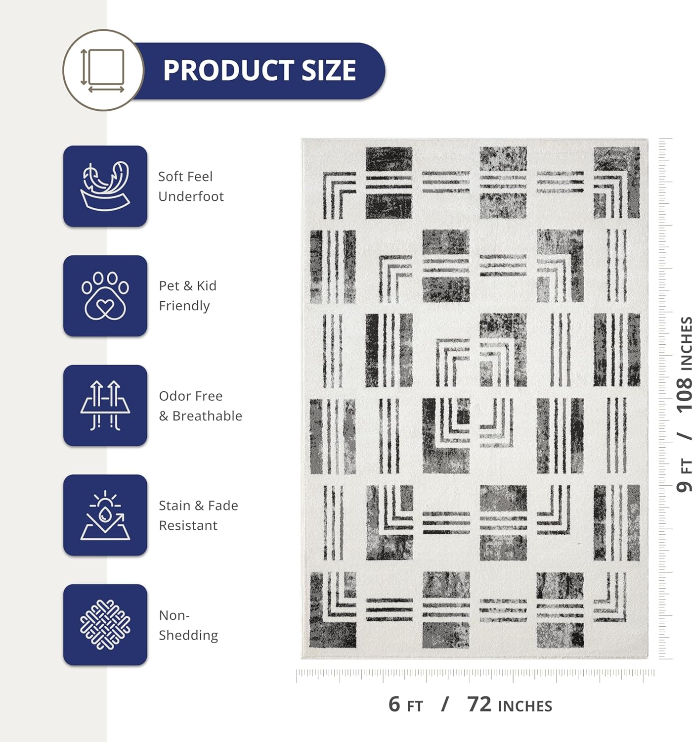 Abani Nomad Cream & Grey Area Rug 6' x 9' for Living Room, Bedroom - Checkered Border Design - Durable & Easy to Clean