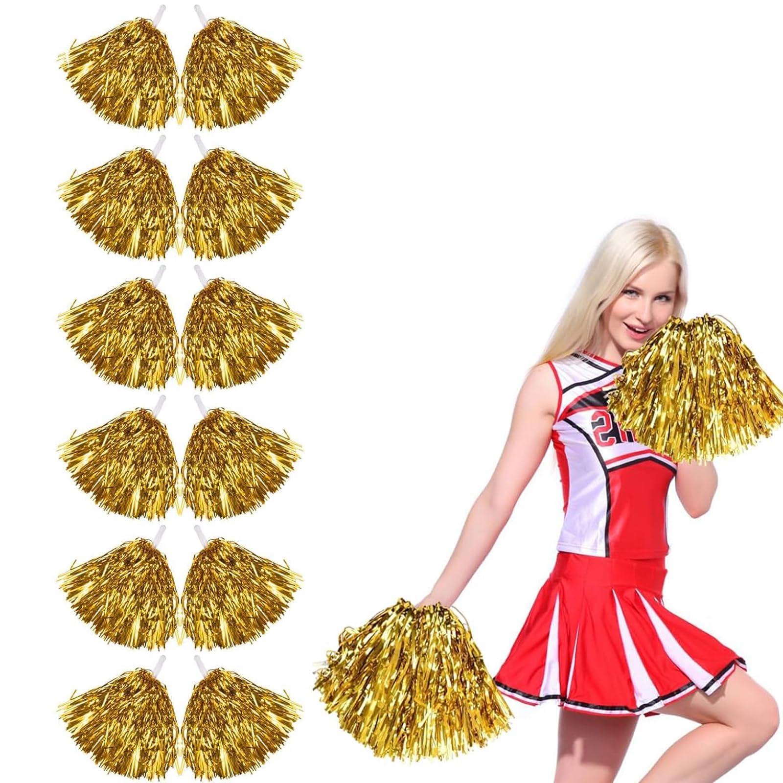 Pompones de Animadora, 12 Piezas Cheer Leader Poms Animadora Poms, Cheerleading Pom Poms Metallic Cheers Bola de Flores con Mango, para Competición Deportiva, Celebración Navideña