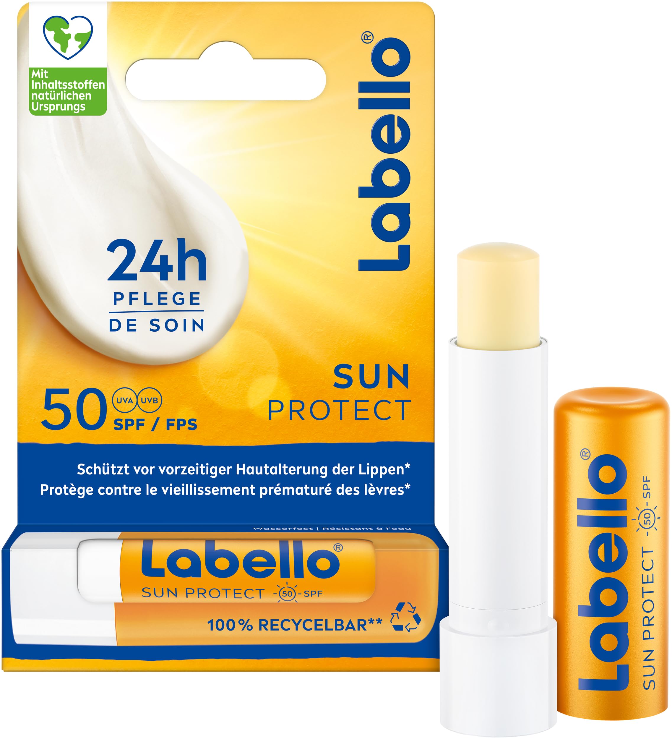 Labello Sun Protect SPF 50, cura delle labbra impermeabile ad alta protezione solare, cura delle labbra senza olio minerale con burro di karitè, vitamine e oli naturali (4,8 g)