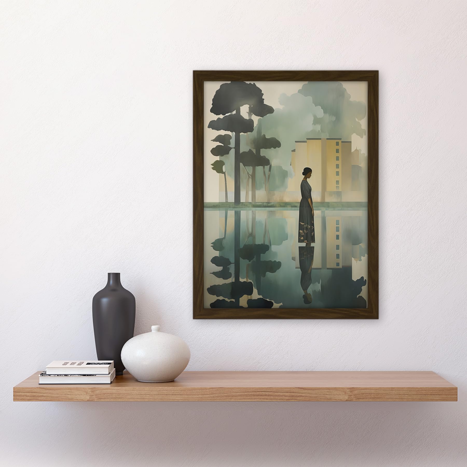 Artery8 Reflecting and Reflection of Calm Artwork Modern Simple Calming Soft Painting Flat Lake Trees Artwork Framed A3 Wall Art Print - Image 2