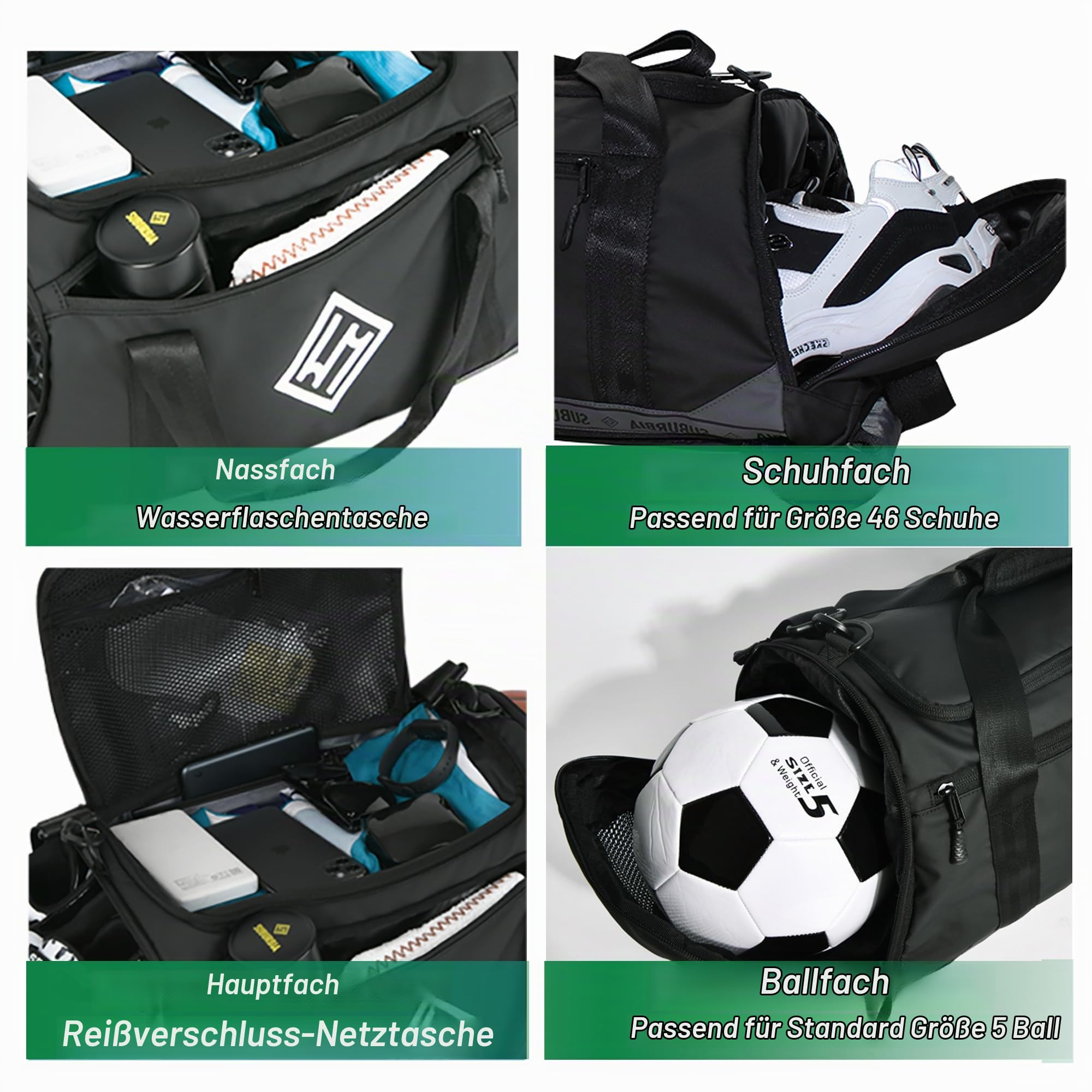 Sporttasche für Herren Damen - Sportrucksack mit Schuhfach, 47L Reisetasche Duffel Bag, Groß Trainingstasche mit Wasserdicht Nassfach für Fußball, Basketball, Fitness, Gym, Schwimmen, Yoga - Schwarz