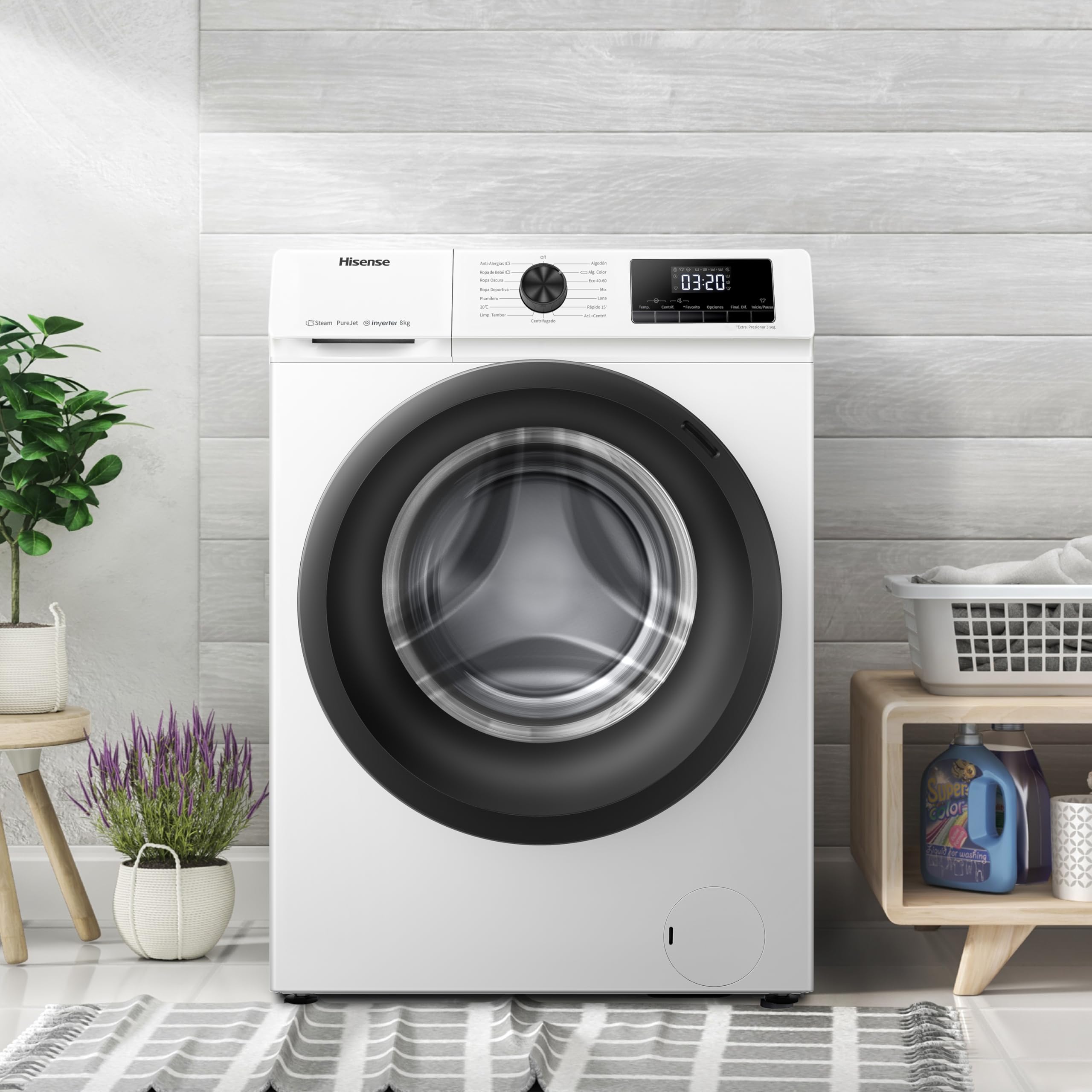 Hisense WFQE8014EVJM Lavadora 8 Kg, 1400 rpm, 15 Programas Automáticos, Vapor, Motor Inverter, Clase Eficiencia Lavado A, Pantalla LED, Programa Rápido, PureJet, Blanco