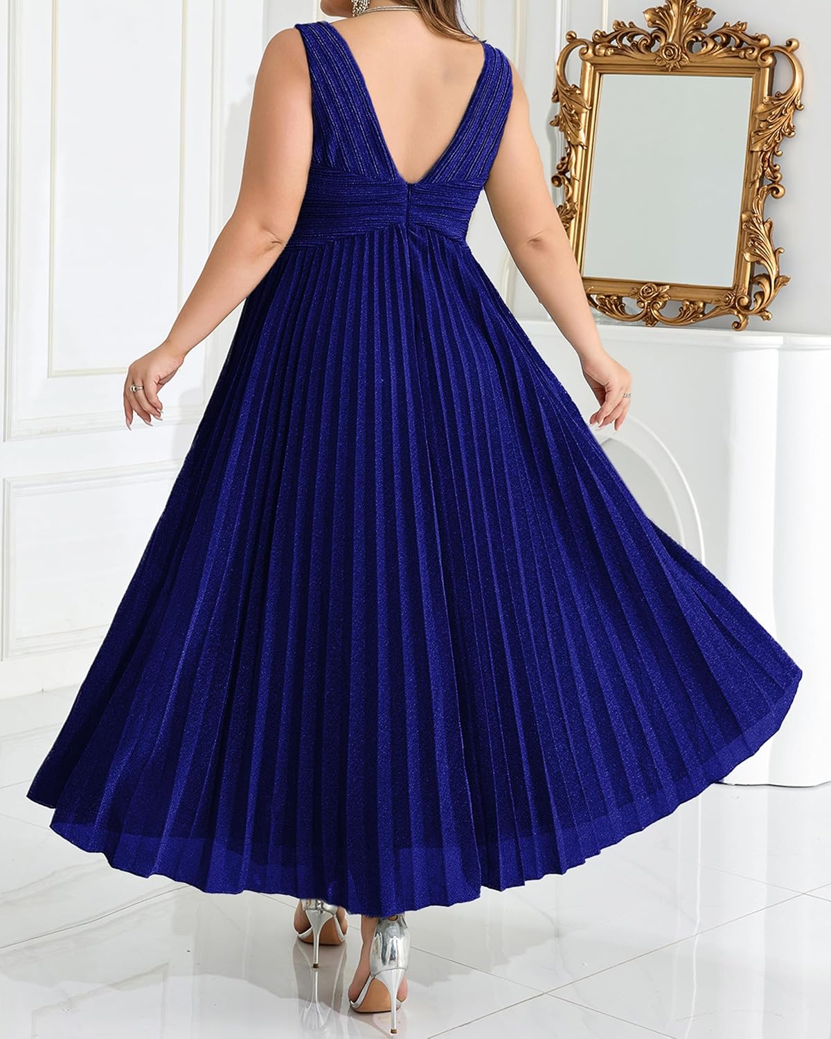 Women's Cocktail Dresses V Neck High Waist Pleated Evening Dress Sleeveless A-Line Gown with Waist Tie