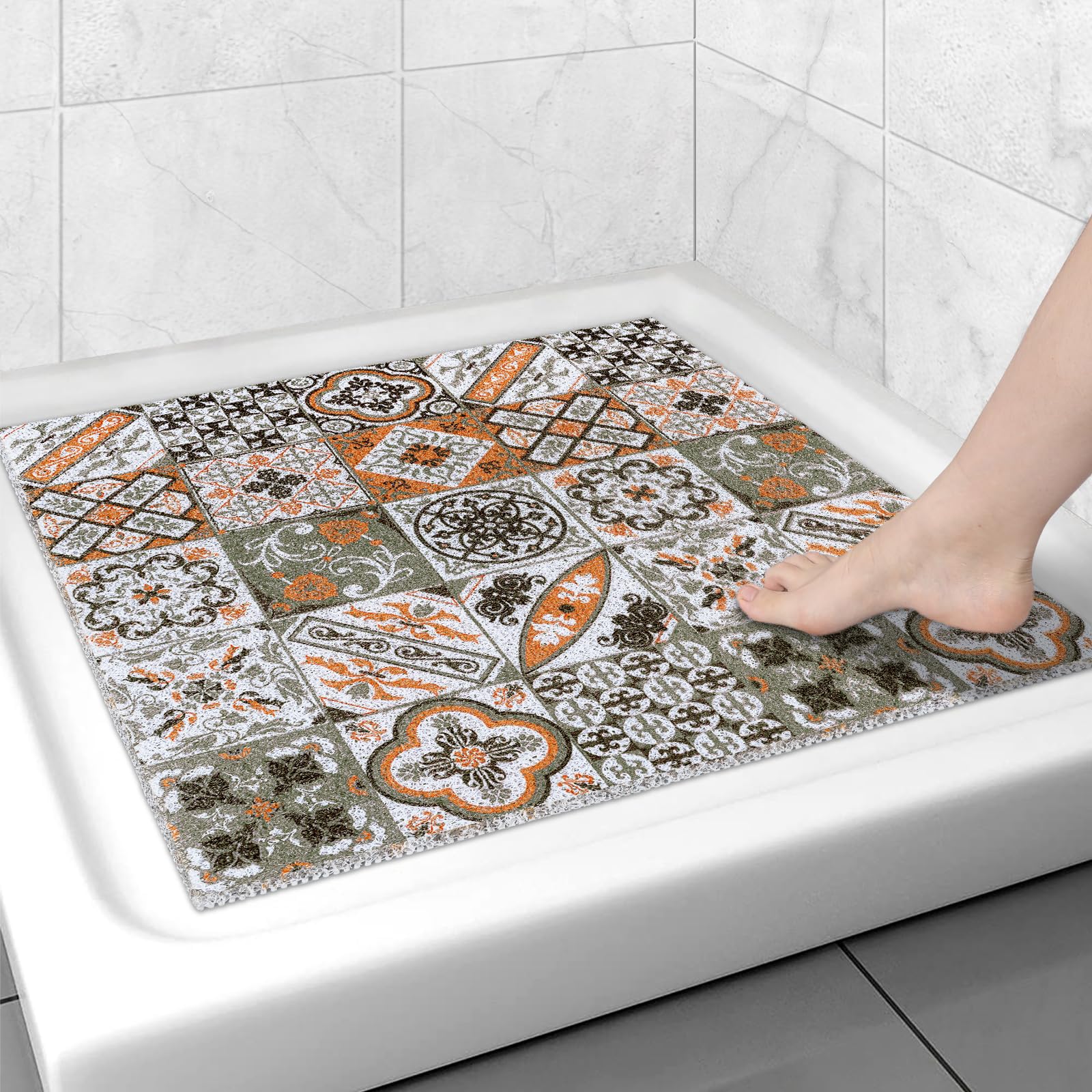 Capslpad Square Shower Mat 53x53cm-Non-Slip Anti-Mould PVC Bath Mat, Soft Quick Dry Loofah Texture with Drain Holes, Cuttable Washable Massage Bathtub Mat for Wet Area Inside Shower/Tub/Corner, Orange