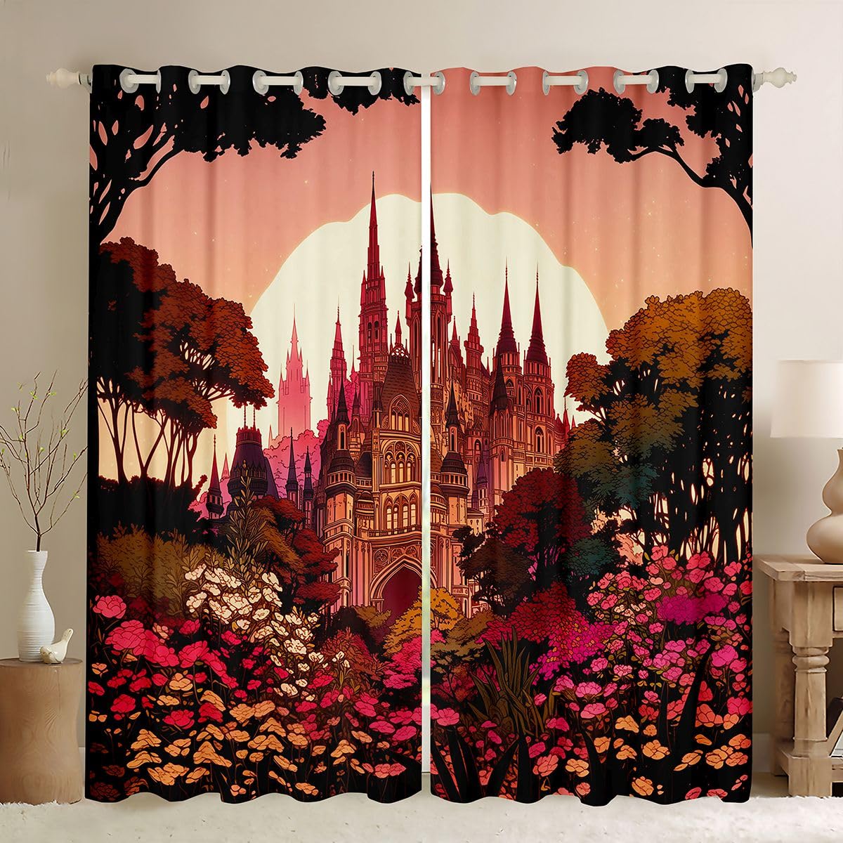 Homewish Tende per finestre al tramonto, 168 x 228 cm, set di 2 pannelli, tende oscuranti con castello, rose, margherite, fiori, alberi, principessa, tende per finestre, stelle, paesaggio, erba, per