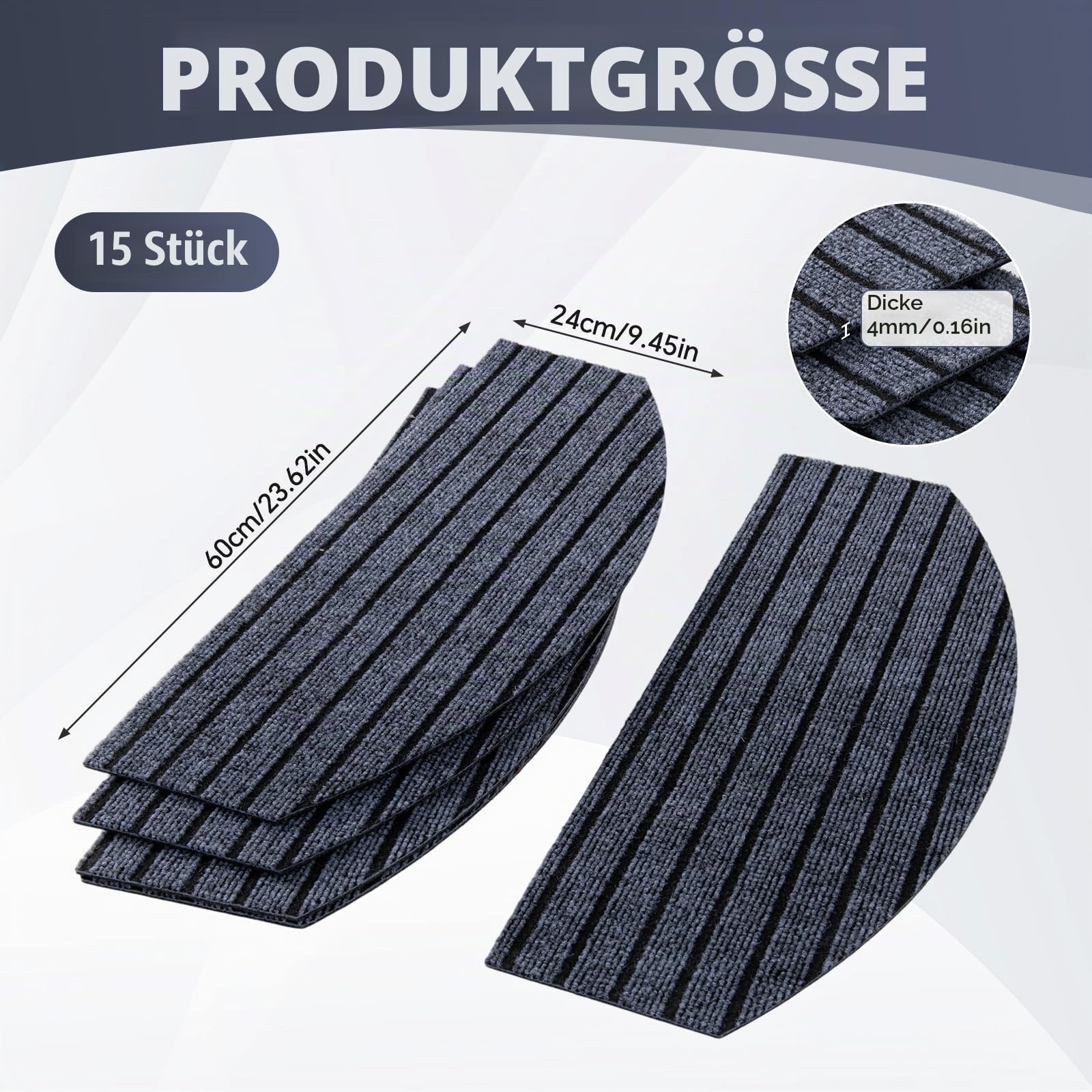Treppenstufen Matten, 15 Stück Halbrund Rutschschutz Stufenmatten, Treppenmatte Treppenschoner Treppenschutz Selbstklebend, für Holzstufen, Sauberen, Glatten Treppen, 24 x 60 cm (Dunkelgrau)