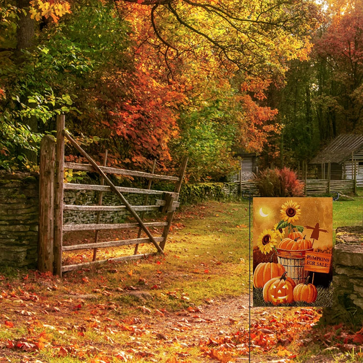 Dyrenson Home Decorative Halloween Garden Flag Double Sided, Rustic Fall Quote House Yard Flag, Harvest Pumpkin Primitive Sunflower Garden Yard Decorations, Outside Farm Seasonal Outdoor Flag 12 x 18