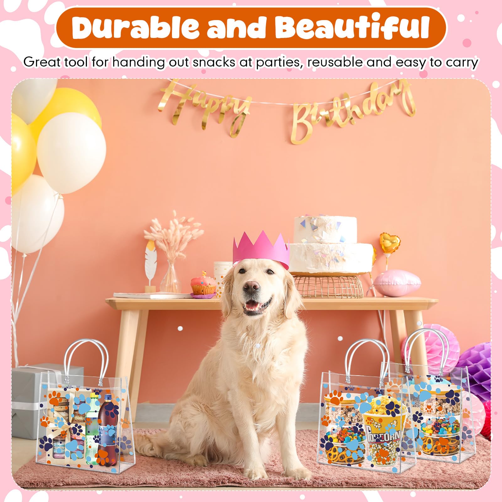 Abbylike 24 Pcs Dog Paw Clear PVC Gift Bag with Handles Party Favor Bag Candy Gift Treat Bags for Sports Theme Party Decorations Game Celebration Supplies Birthday Decorations