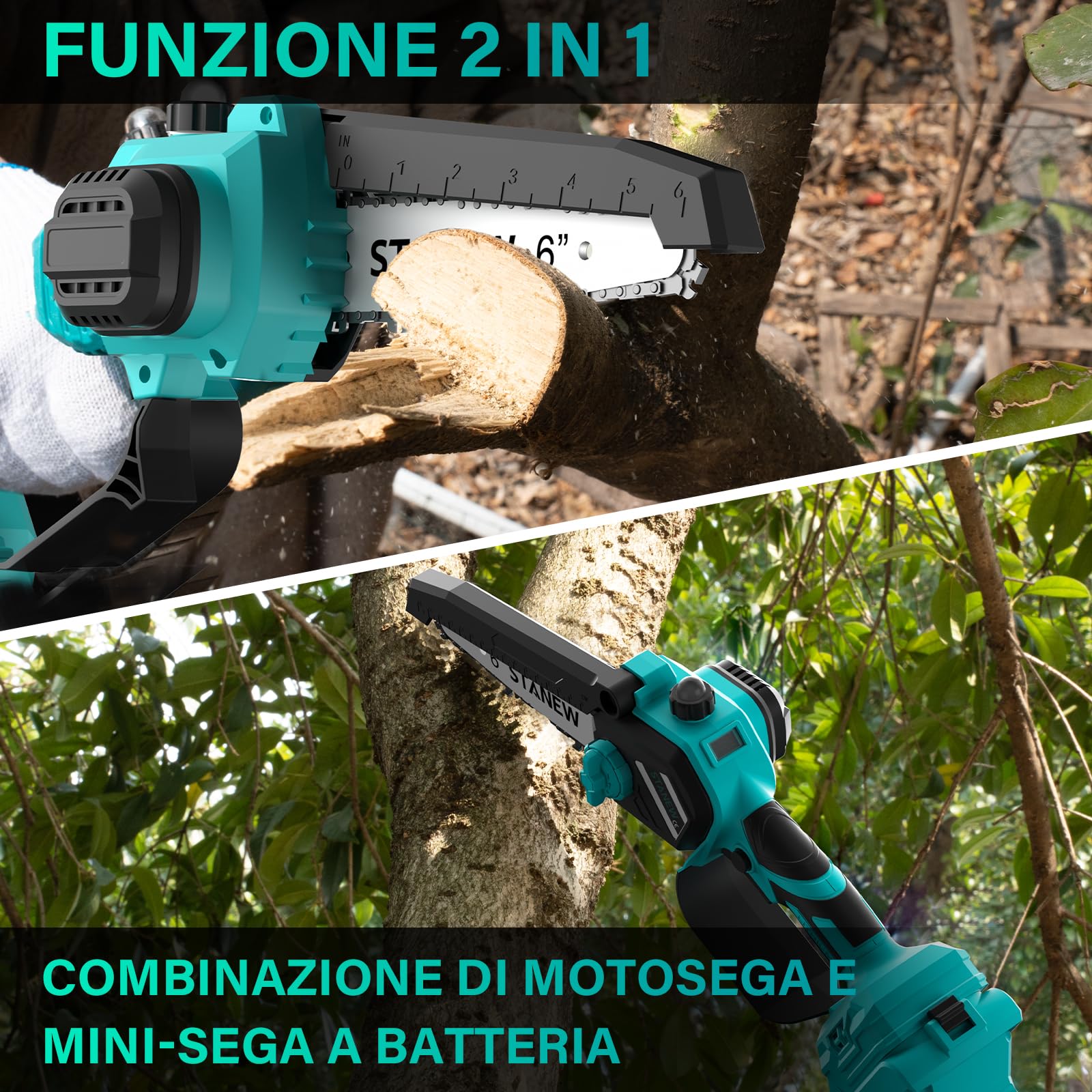 STANEW Motosega telescopica senza fili,da 6 pollici,2 in 1 | Due batterie 4000 mAh,estensione max 4,6 m,lama rotante e lubrificazione automatica.