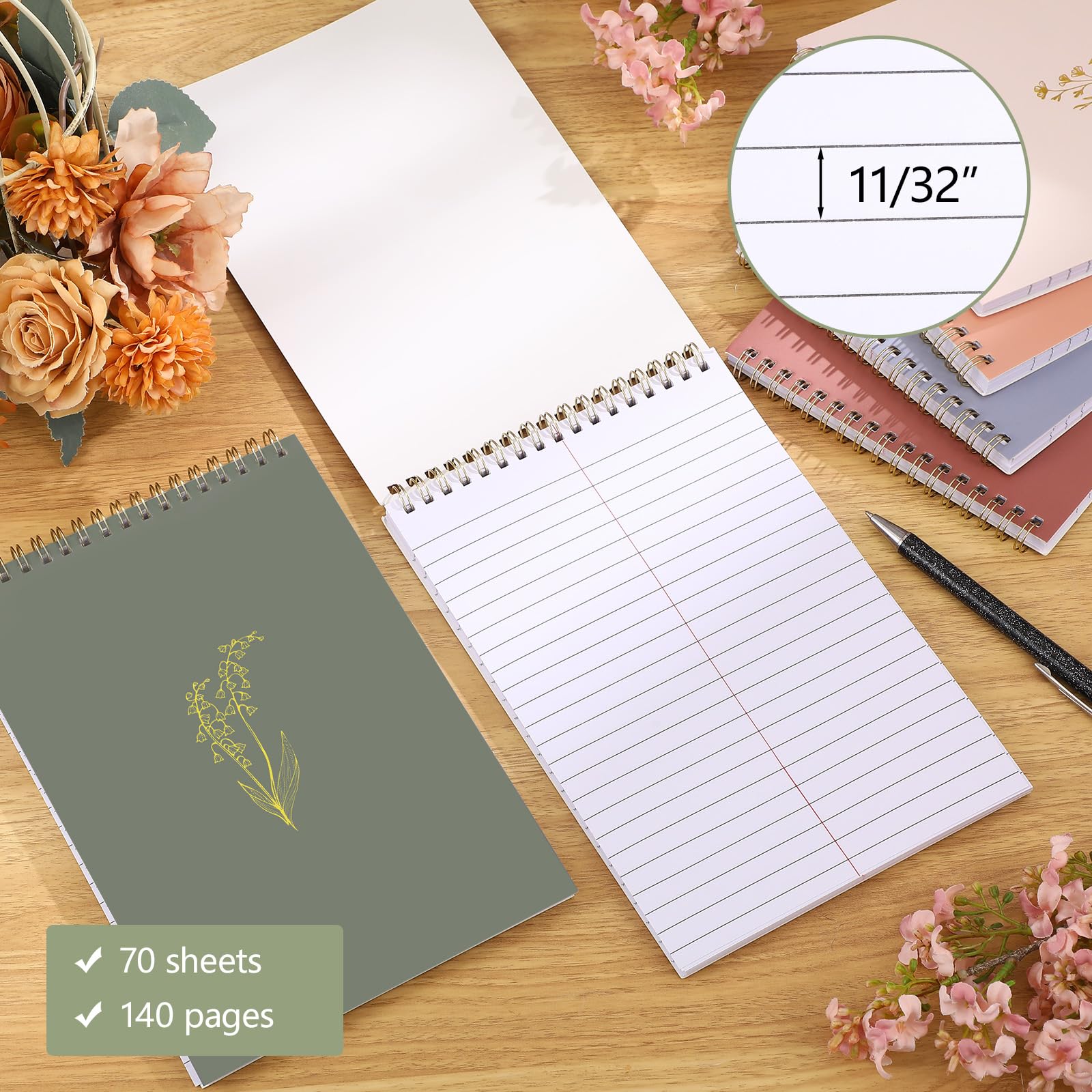 Gueevin 6 Pack Top Spiral Steno Pads Aesthetic Spiral Notebooks 6 x 9 Inches 140 Pages/ 70 Sheets Cute Notebook for Work Students School Office Supplies