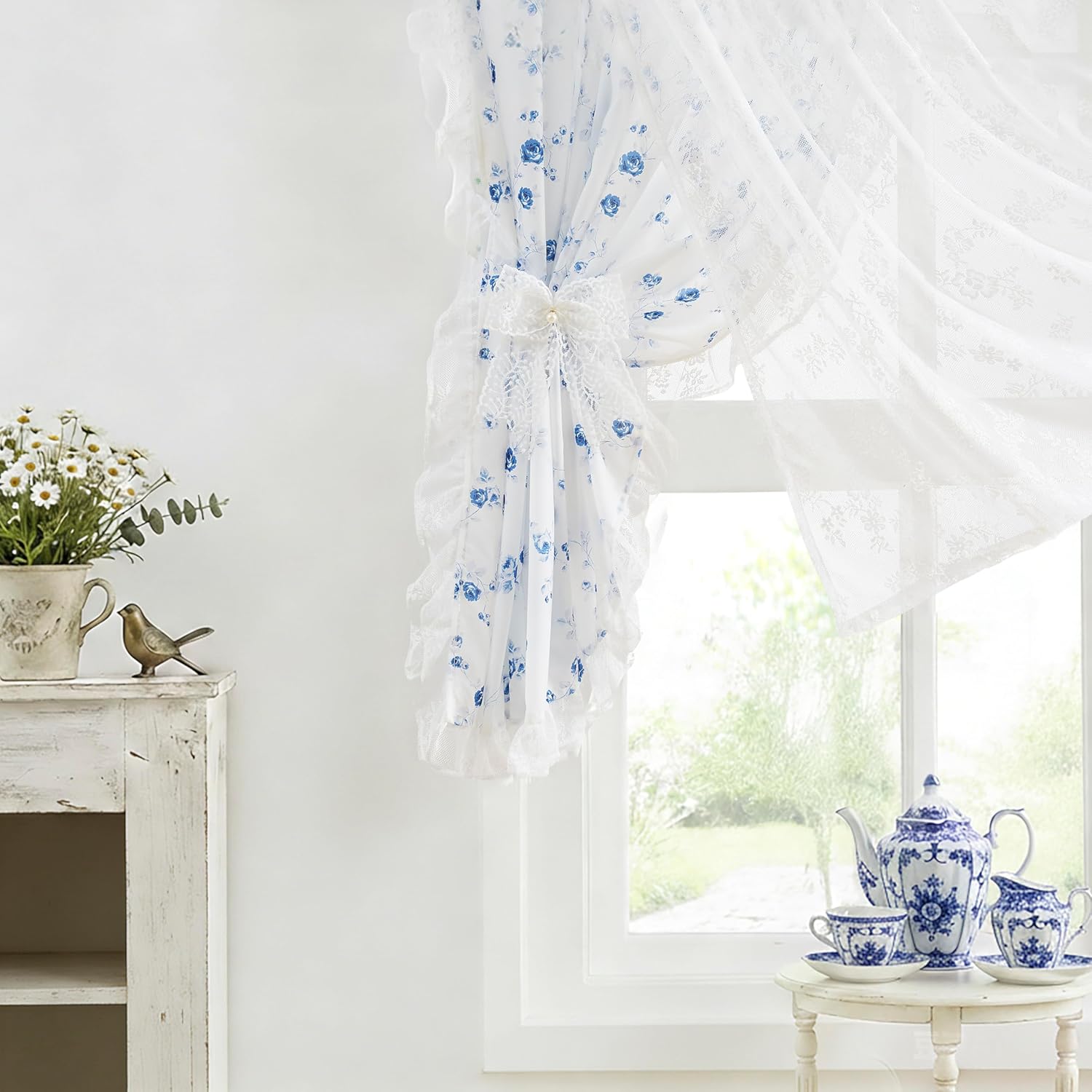 ZJDECOR Double Layer Floral Curtains with Sheer Lace Overlay 84 Inch Long for Living Room,Blue Flower on White Not-See-Through Sheer Ruffle Drapes,Vintage Window Treatment for Bedroom,Rod Pocket,Blue