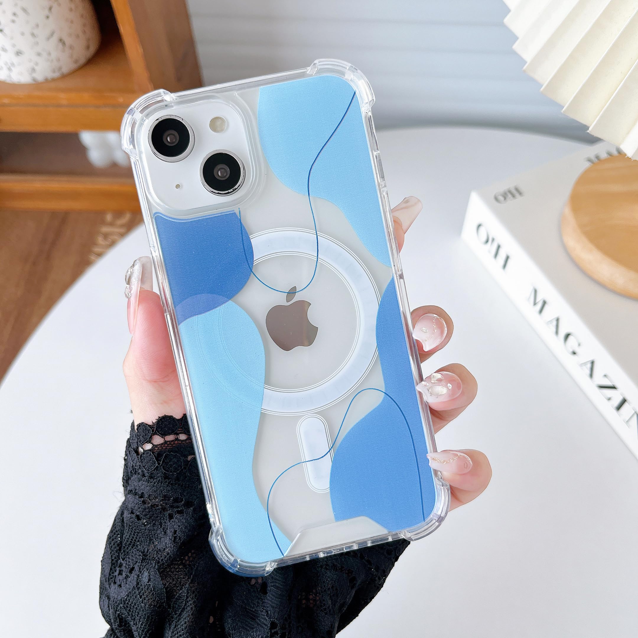 DEFBSC Magnetic Case for iPhone 14/iPhone 13,[Compatible with MagSafe], Color Mix Aesthetic Design Cute Slim Acrylic Back Soft Shaped with Built-in Bumper Protective Phone Case - Blue