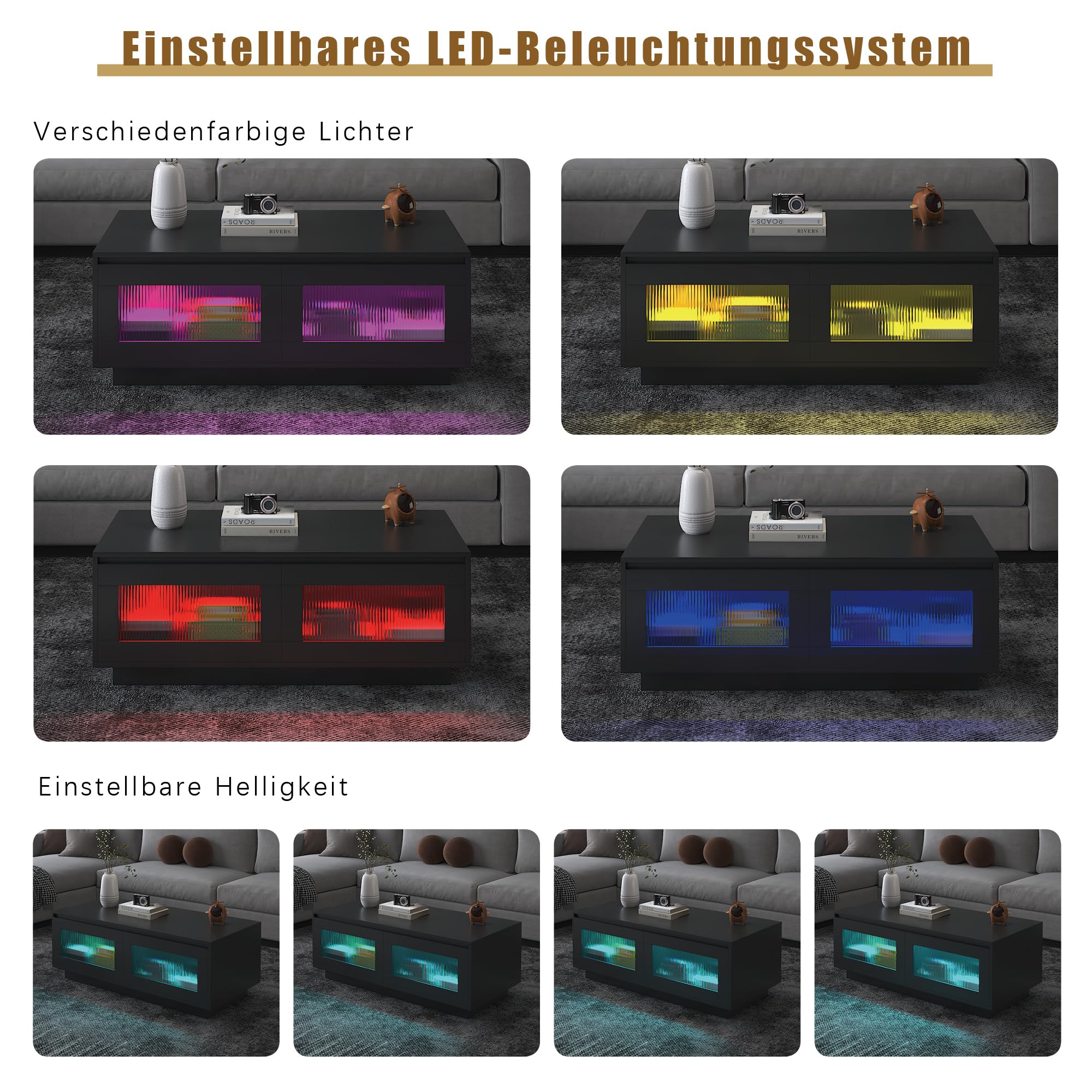 KEEPREAPER Couchtisch Wohnzimmertisch mit LED Beleuchtung, Sofatisch mit 2 Ablagefächern für Wohnzimmer, 108x50x40cm (Schwarz)