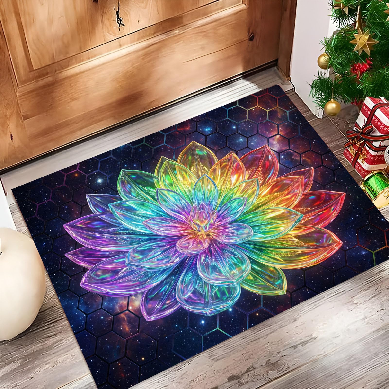 80X120Cm Zerbino Ingresso Interno Antiscivolo Assorbente, Tappeto Microfibra Sottile Lavabile Con Loto Cristallo Arcobaleno 3D Piante Del Futuro Cielo Stellato Per Cucina Bagno Porta Animali, Nero