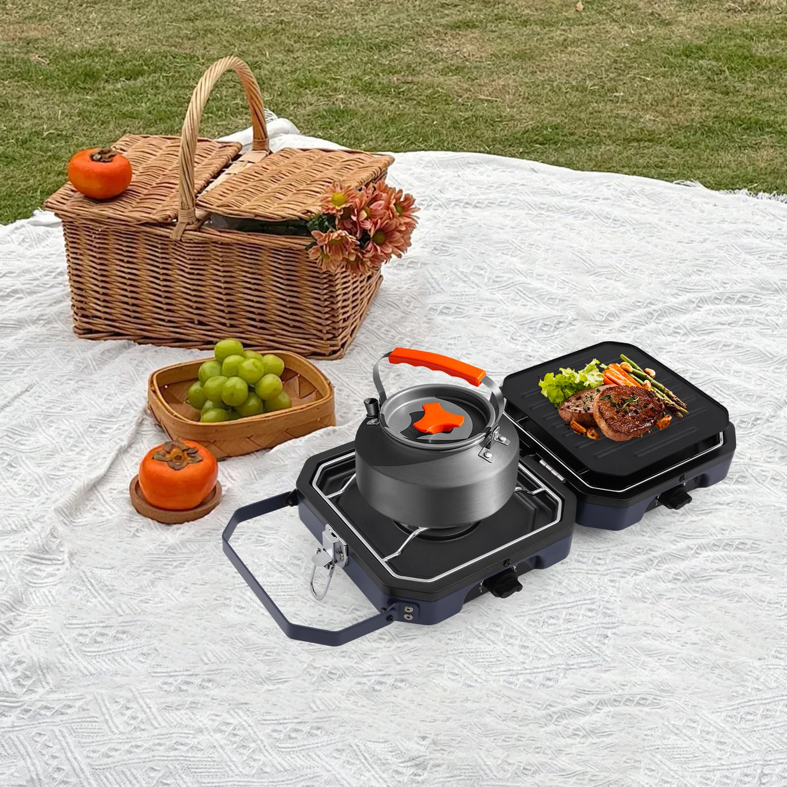 Hornillo de camping de gas, estufa de camping plegable con placa de parrilla, hornillo portátil de doble quemador, apto para camping, senderismo y cocina de emergencia