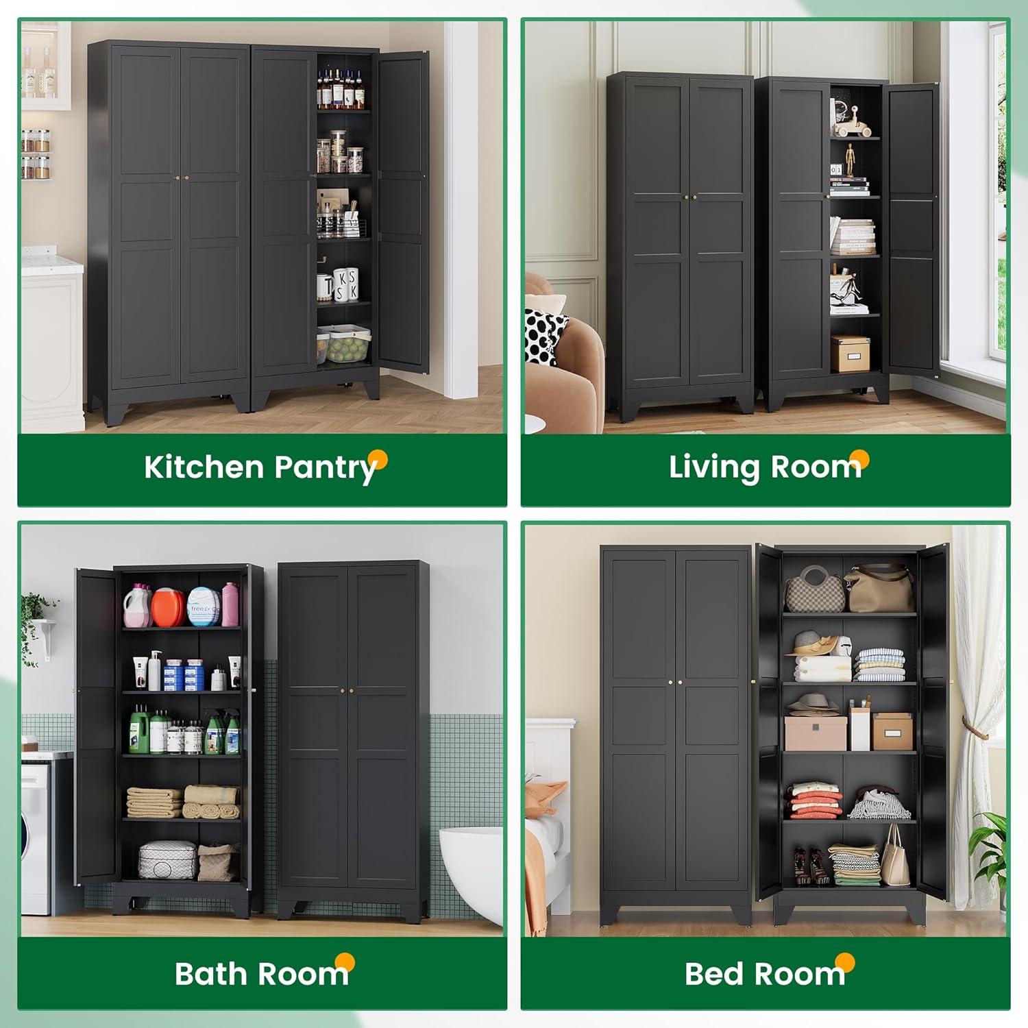 75" Tall Storage Cabinet, Kitchen Pantry Cabinet with Adjustable Shelves and Door, Black Metal Storage Cabinet, Farmhouse Pantry Storage for Kitchen, Dining Room