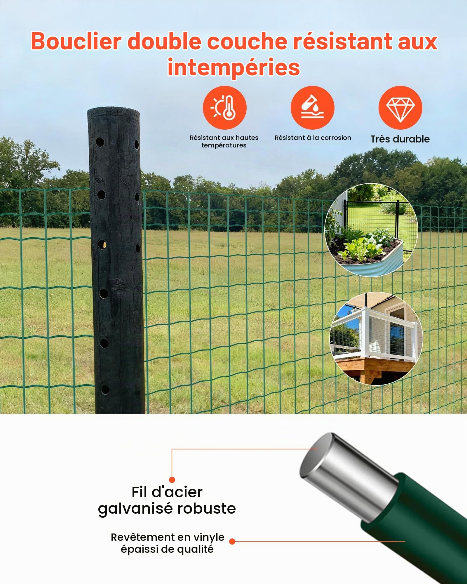 VEVOR Grillage Métallique Vert Maille 5 x 10 cm Rouleau Grillage Clôture à Mouton Soudé 1 x 25 m Fil en Fer Galvanisé Revêtement Vinyle PVC Diamètre Fil 2,1 mm pour Jardin Enclos Cage Animaux Ranchs