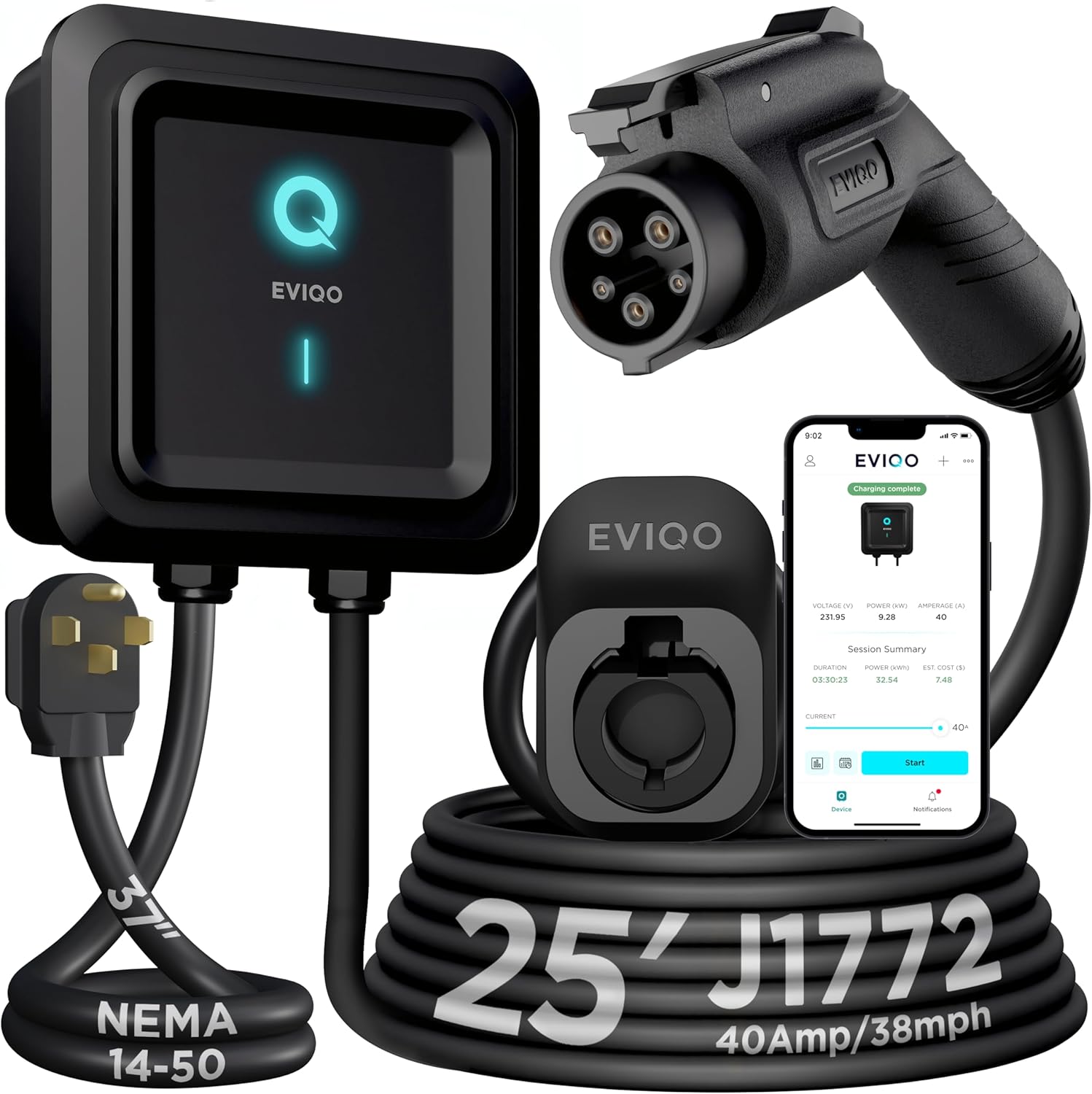 EVIQO Level 2 EV Charger – 40 Amp (9.6 kW) 240V – Wall EV Charger Level 2