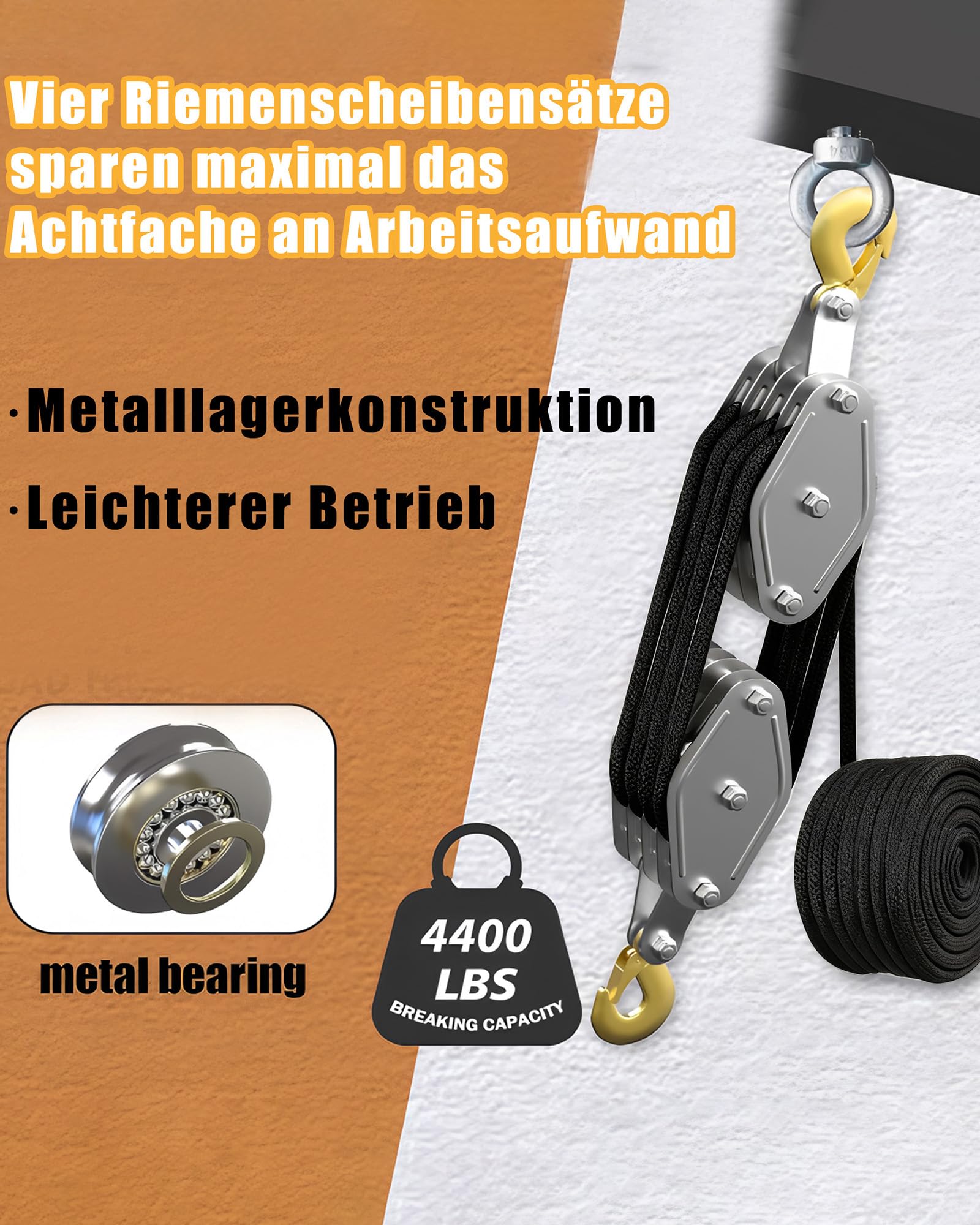 Poulie lourde avec frein à câble en nylon de 20 m : poulie de charge maximale 4400 lb Cordes de levage manuelles économiseur de main-d'œuvre Palan haute performance pour garages, entrepôts (1, argent)