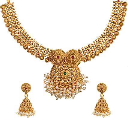 Bodha Traditional Indian Ethnic Antique Gold Plated Pearl Necklace Set with Matching Jhumka Earrings for Women SJN_77