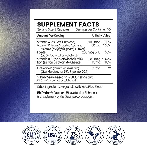 Vista 8 de Research Verified Anemitrax - Reponer hierro, regular la hemoglobina, mejorar la energía - Hierro, vitamina C, vitamina A, B12, folato, bioperina