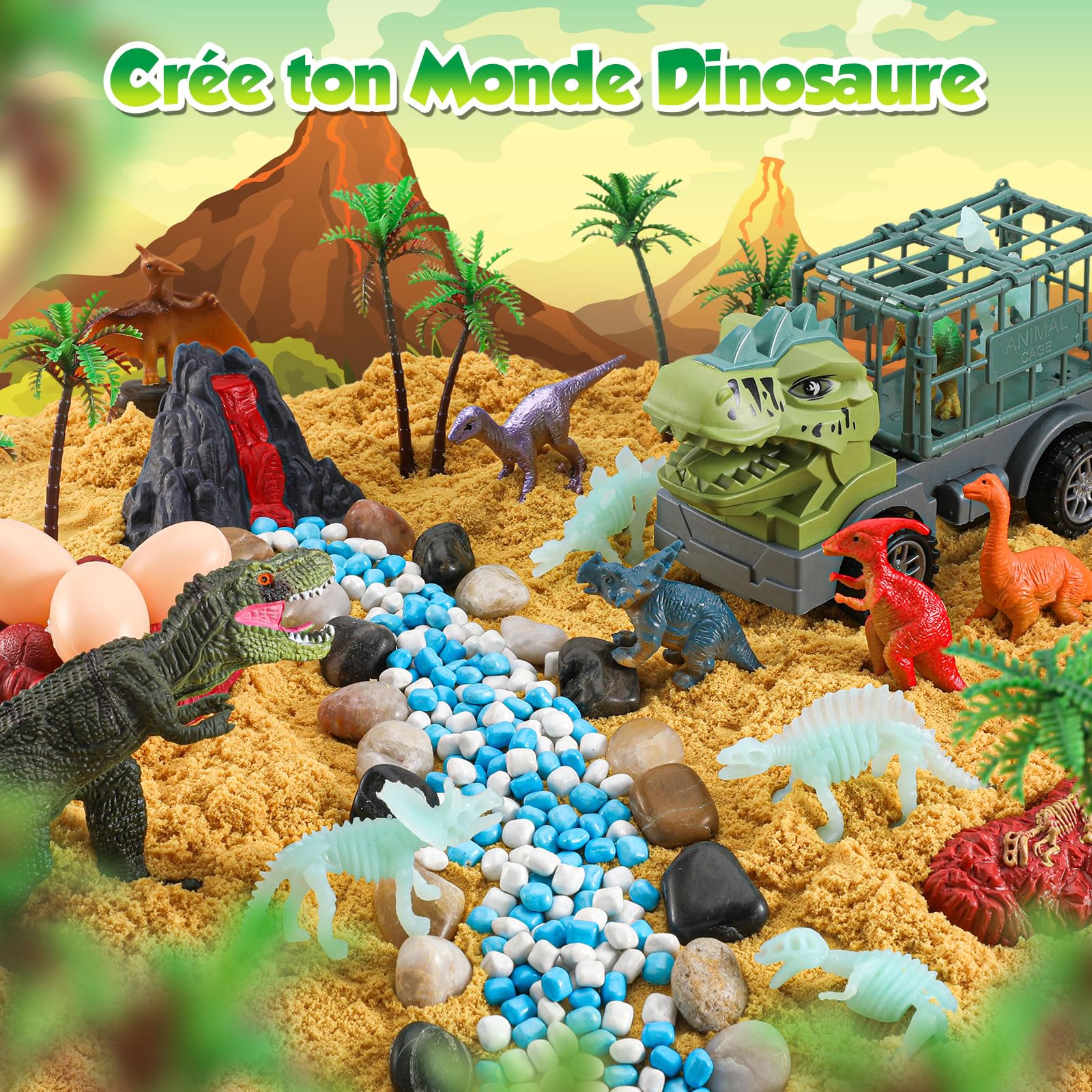 FRUSE Sable Magique de Dinosaure, Jouets Sensoriels avec Sable Sensoriels,Dinosaure Jouet, Dino Loupe de Jeu, Dinosaures Phosphorescents, Bac a Sable avec Couvercle,Cadeau pour Enfant de 3 à 8 Ans