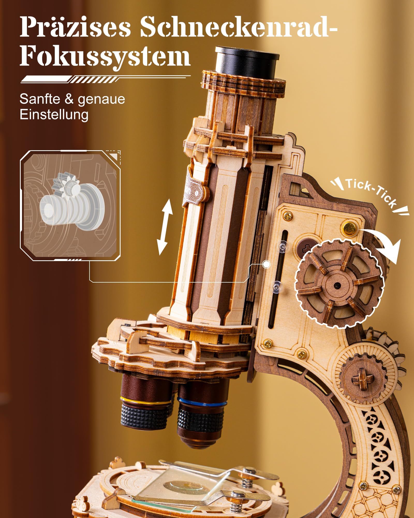 ROKR 3D-Holzpuzzle, mechanisches Modellbauset, echtes funktionierendes Mikroskop mit 400-facher Vergrößerung & LED-Licht, Vintage, wissenschaftliche Schreibtischdekoration, STEM-Geschenk für Frauen