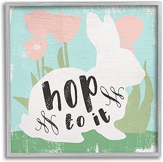 Stupell Industries Hop to It Easter Bunny Phrase Spring Tulips Grey Framed Wall Art, 17 x 17, Blue