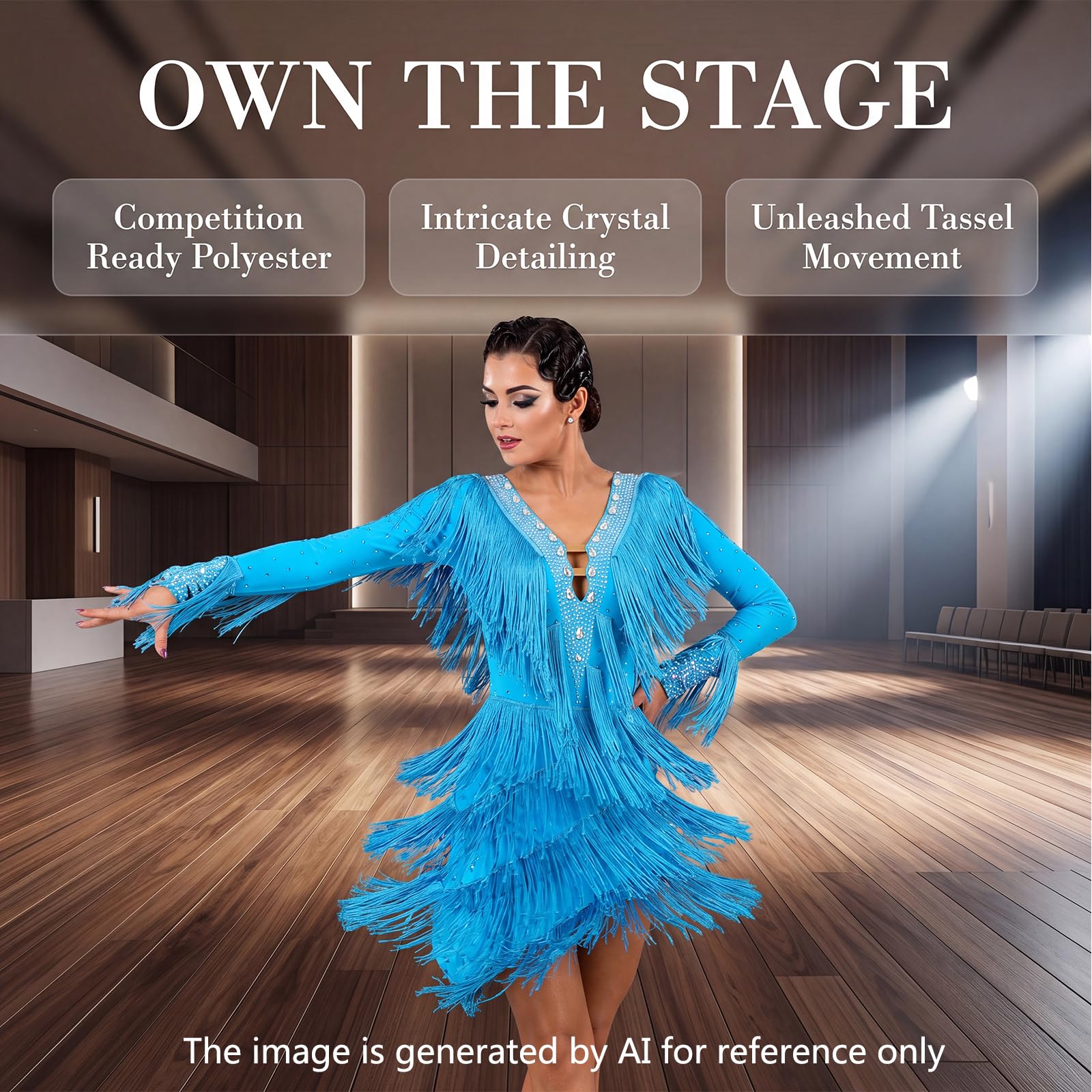 LIUHUO Latein-Tanzkleid, Ballsaal, Wettkampfkleid, Damen, Blau | Tango Ballsaal Tanzkostüm Fransen Flapper Langarm Glänzend Diamant