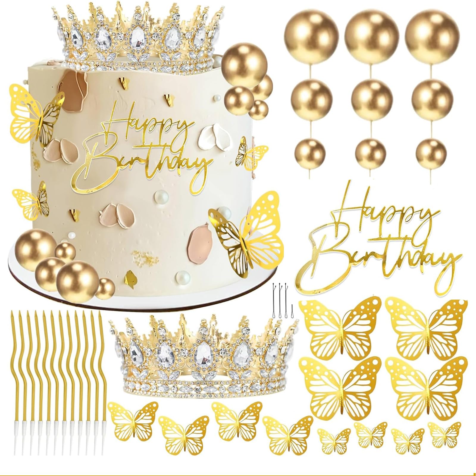 PurityPeak Cake Decorating Set, Gold Crown with Balls, Butterflies and Birthday Candles, Cake Topper for Wedding, Youth Ceremony and Baby Shower, Cake Decorations for Men, Black Cake Decorations