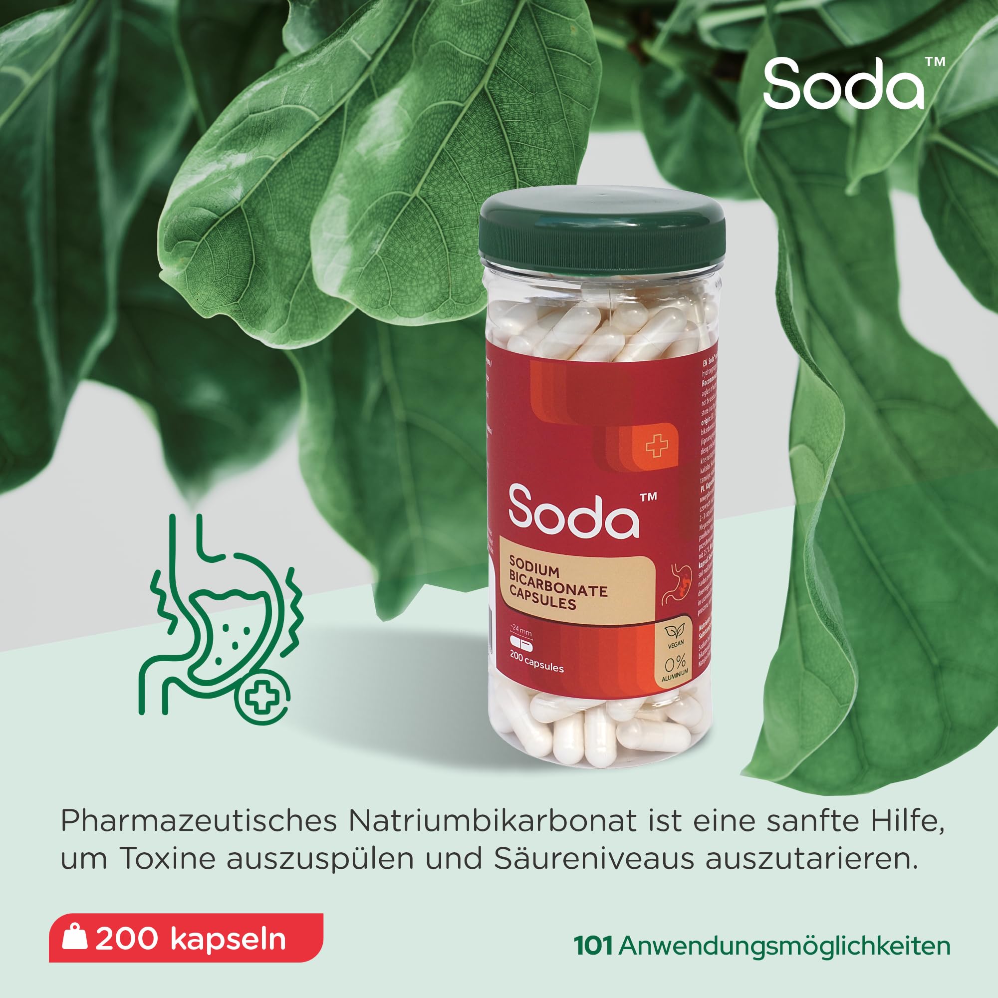 Soda Sodron Capsule - 100% idrogenocarbonato di sodio per sostenere l'equilibrio acido-base, Detox, cura orale e sport, 200 capsule in 1 flacone